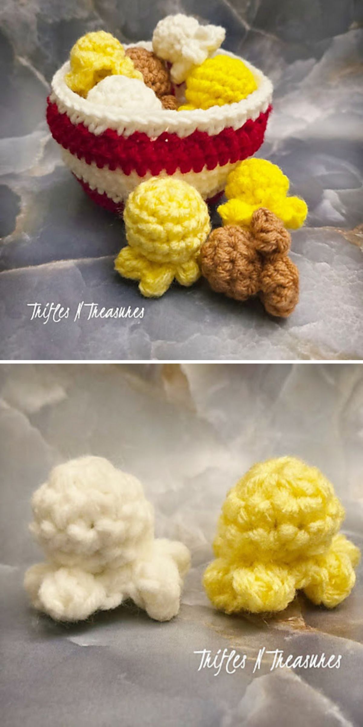 Crochet food enthusiasts will love these crocheted popcorn pieces in yellow, white, and brown colors, arranged in a charming red and white crocheted bowl and displayed on a stone surface.
