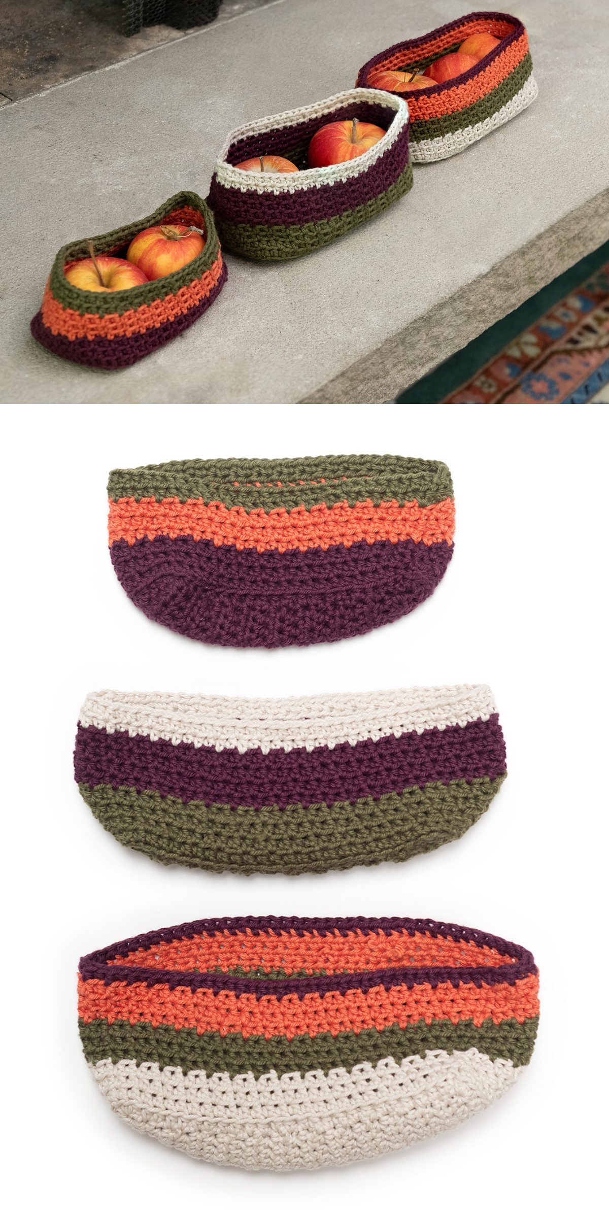 Three crochet baskets with horizontal stripes in green, purple, orange, and beige are shown empty and filled with apples, beautifully displayed on a concrete surface. Each crochet basket adds a cozy, handmade touch to your space.