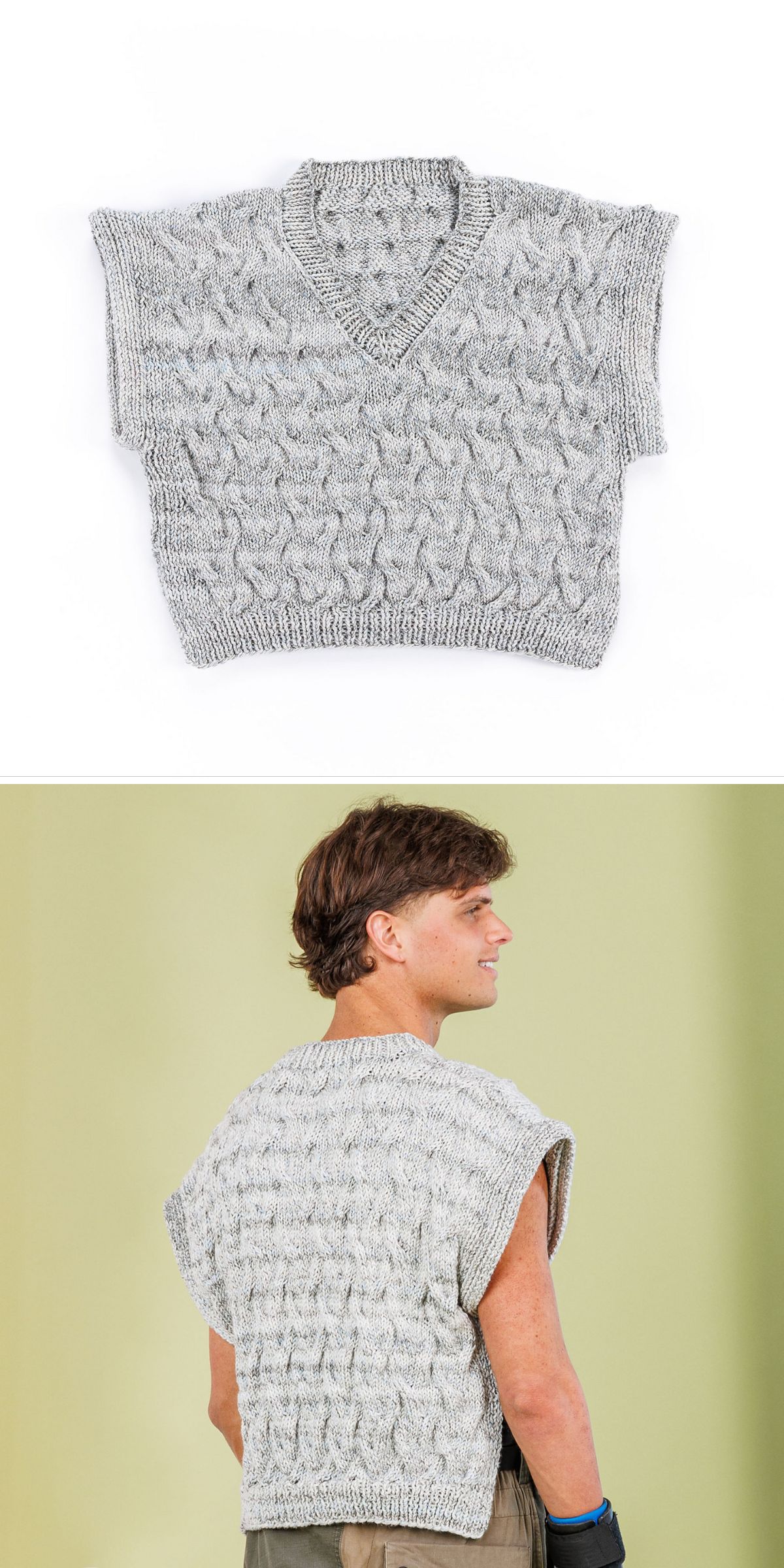 A light gray, sleeveless knit vest with a textured cable pattern is shown flat and worn by a person viewed from the back.