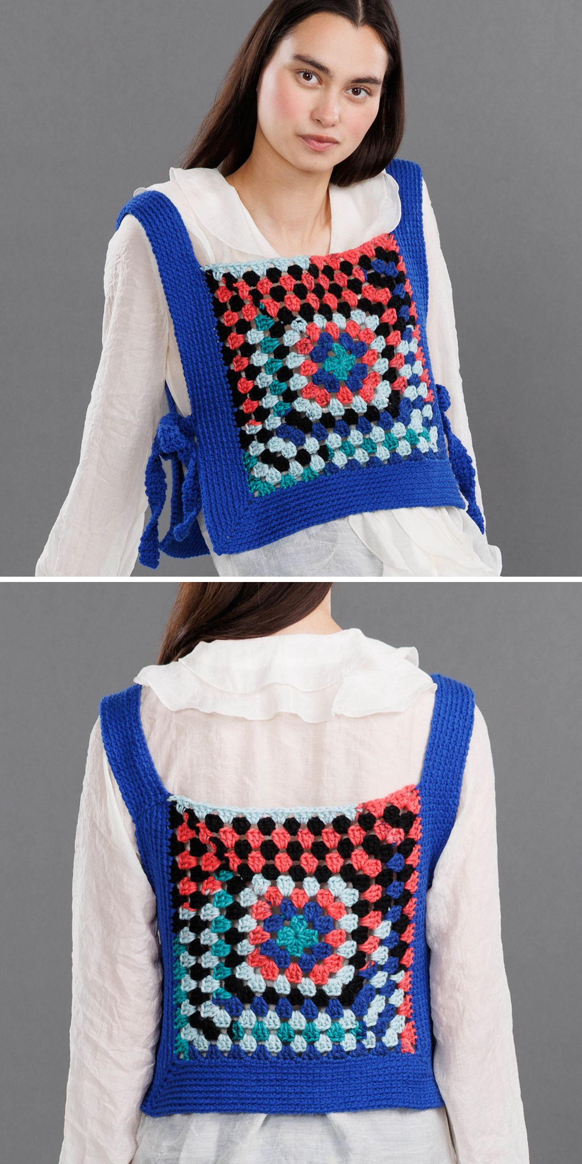A person wears a white blouse under a colorful crochet vest featuring classic granny square patterns with blue borders, shown from the front and back against a plain gray background.