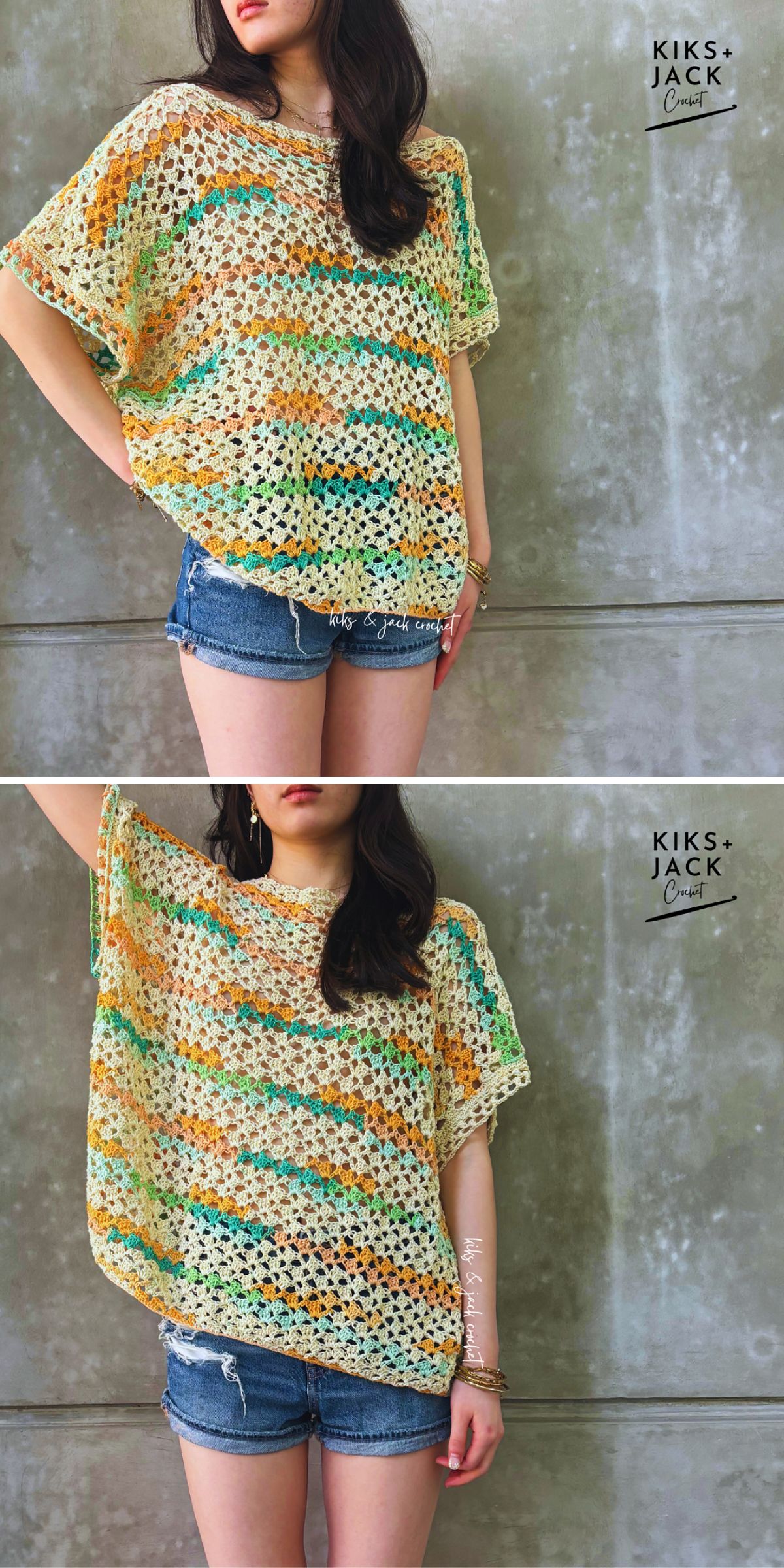 Woman wearing a loose, short-sleeved crochet tee with yellow, green, and orange stripes, paired with denim shorts, standing against a gray textured wall.