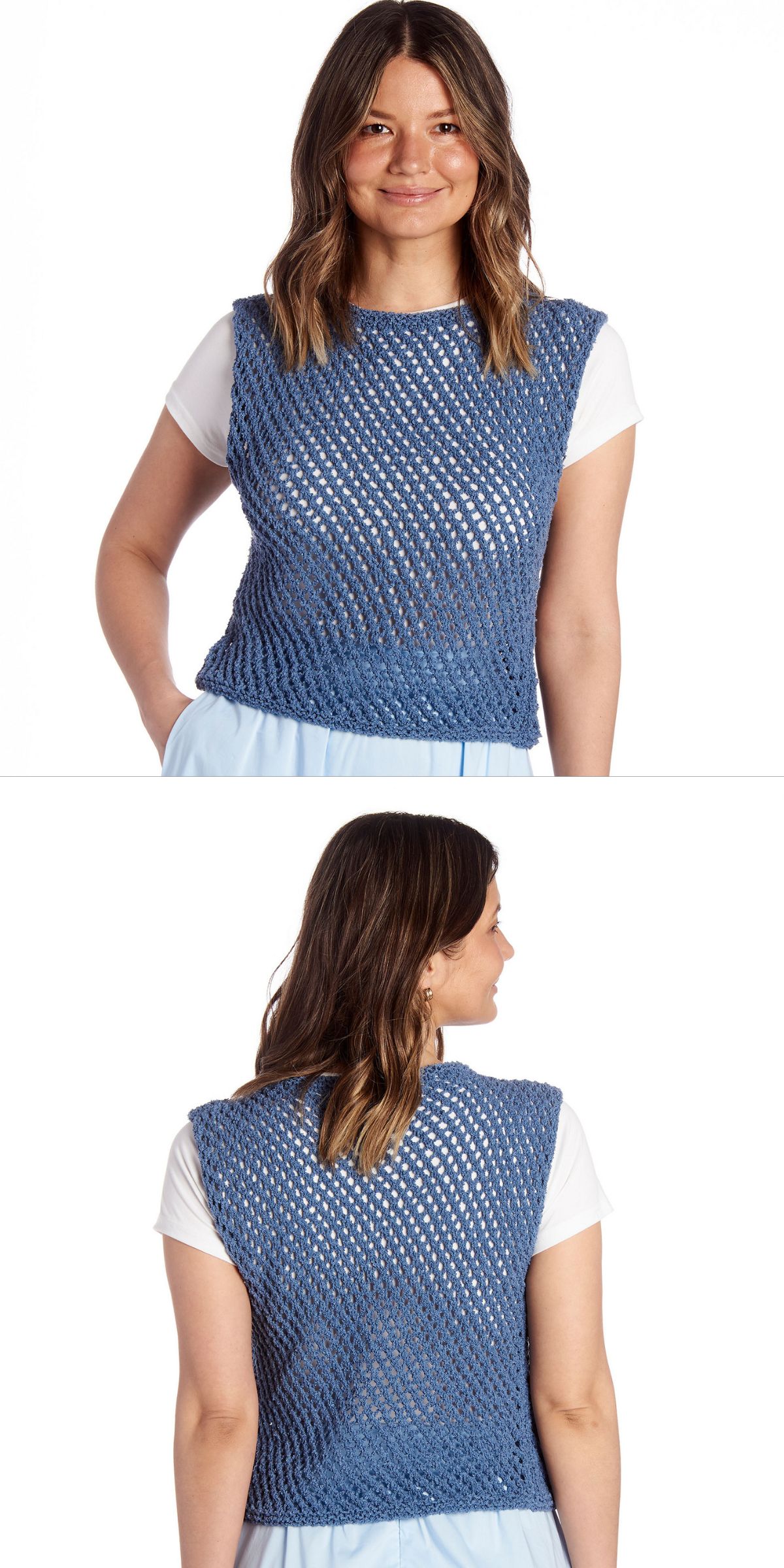 Woman wearing a blue crochet tank top vest over a white t-shirt and light blue pants, shown from the front and back against a white background.