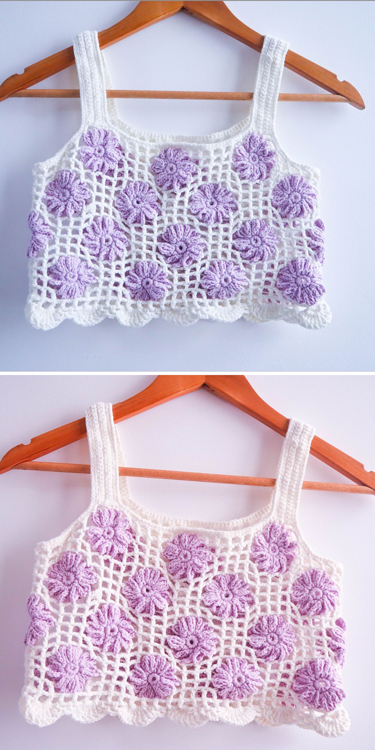 Two crocheted tank tops with white mesh and purple flower patterns are displayed on wooden hangers against a white background, offering fresh inspiration for those seeking new Crochet Tank Top Patterns.