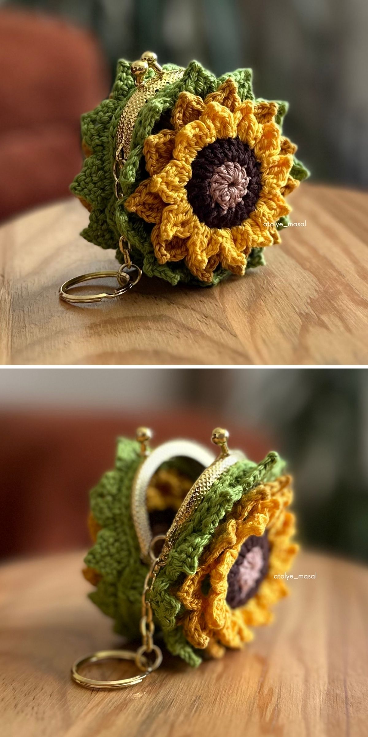 A crocheted sunflower coin purse with a clasp and keychain, designed as a charming crochet wallet, is shown on a wooden surface, displaying both front and open views.