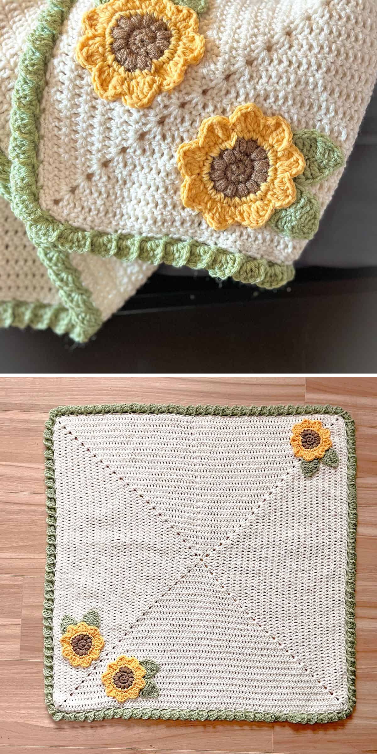 A crochet flower blanket with green edging and sunflower appliqués in two corners is displayed folded and laid flat.
