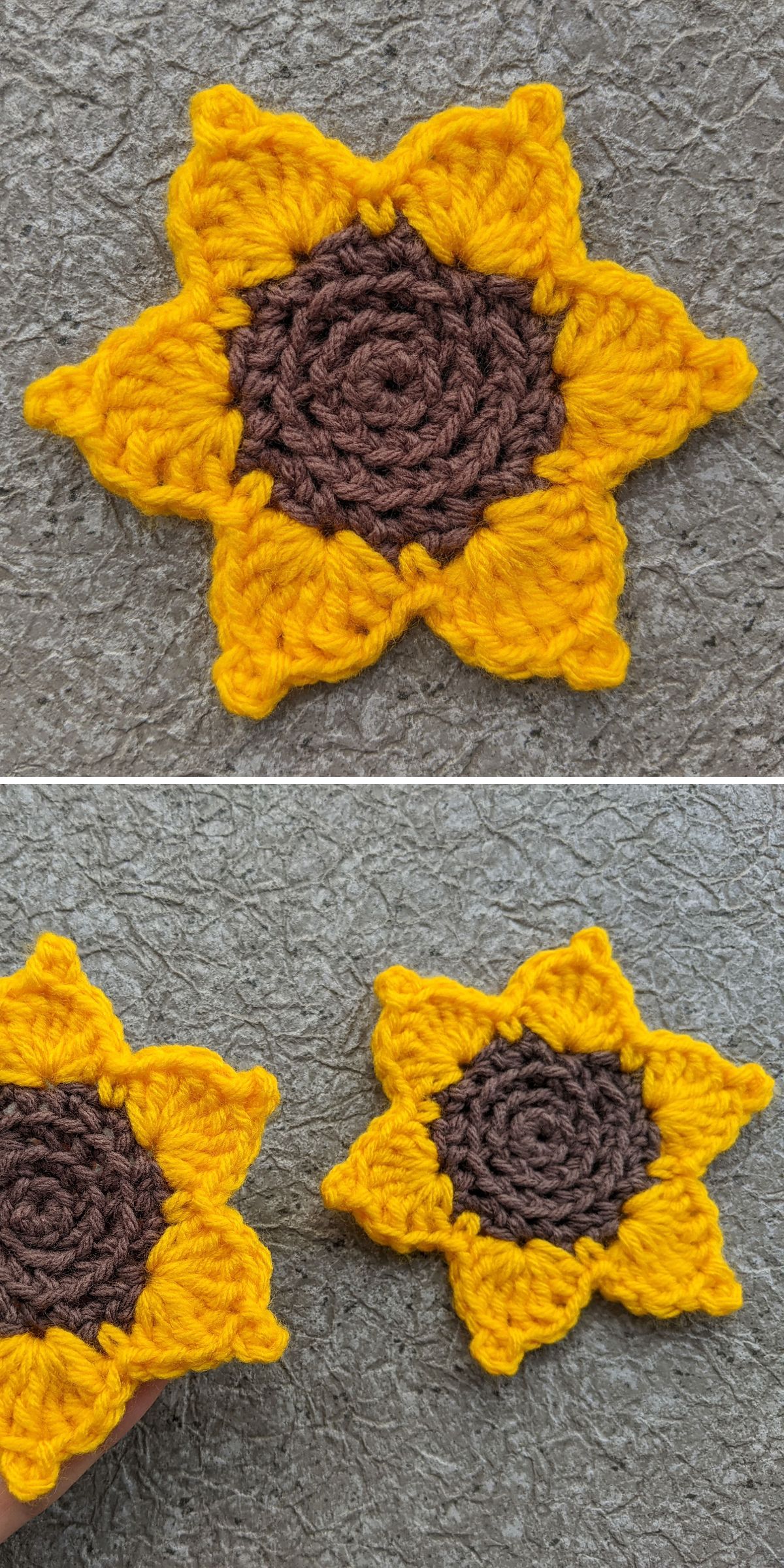 Two crochet sunflowers with brown centers and yellow petals are placed on a gray textured surface. One image shows a close-up of the intricate crochet sunflower details; the other displays both flowers, with one partially held by a hand.