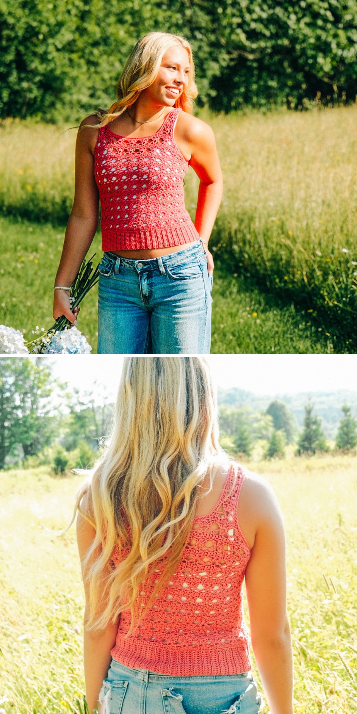 A woman stands outside in a grassy field, wearing a pink crochet tank top and jeans, holding flowers. The first image shows her front and the second image highlights the back of her crochet tank top.