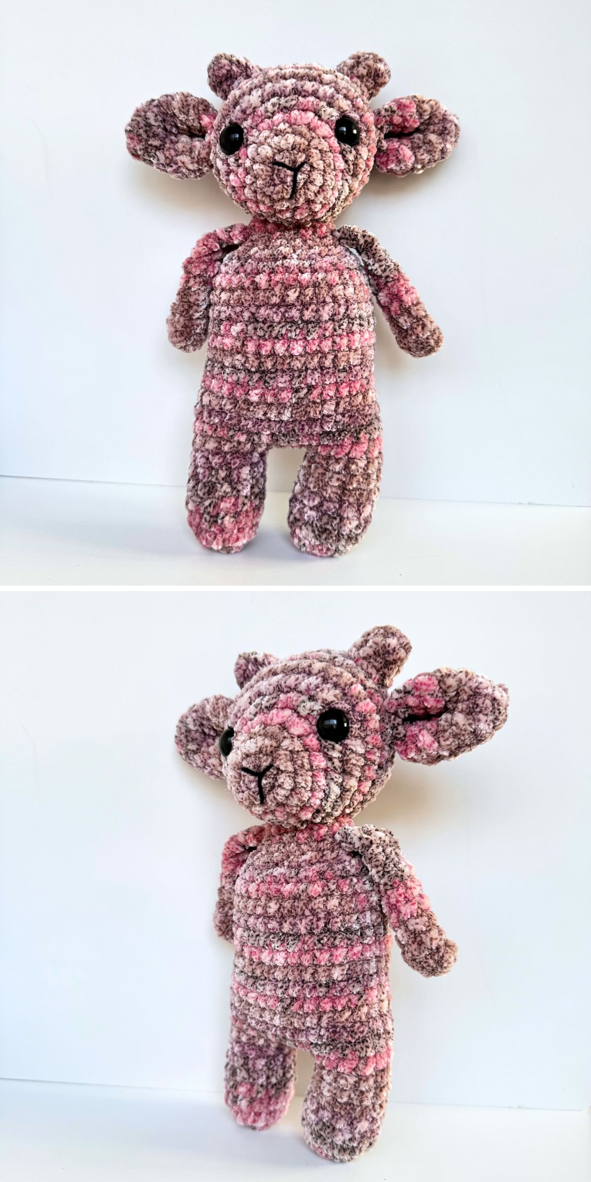 Two views of a handmade crochet animal plush toy with large ears, black eyes, and a pink-and-brown textured body, shown against a plain white background.
