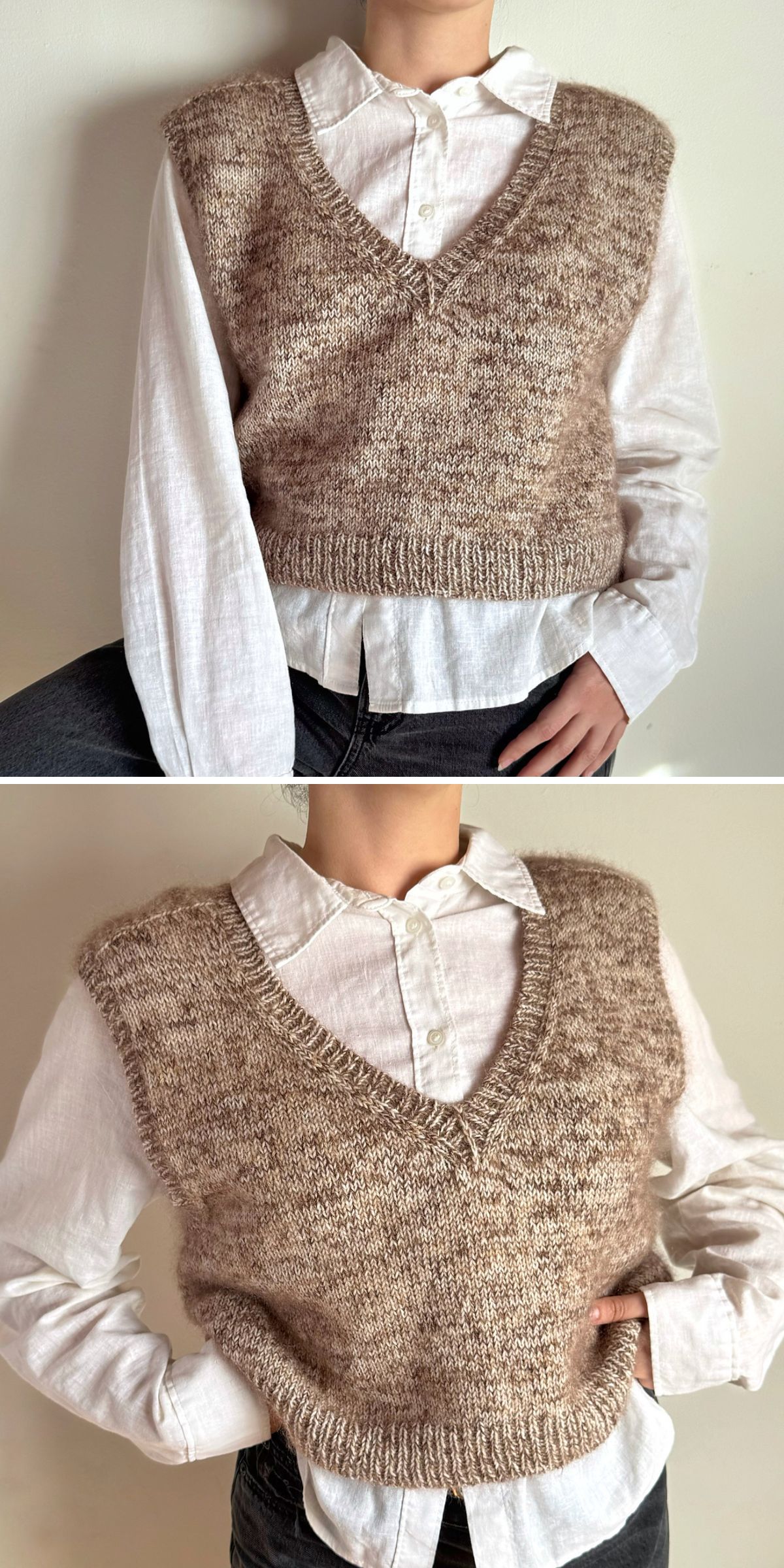 Person wearing a white button-up shirt layered with a stylish knit vest in brown, shown from the waist up in two slightly different poses against a plain background.