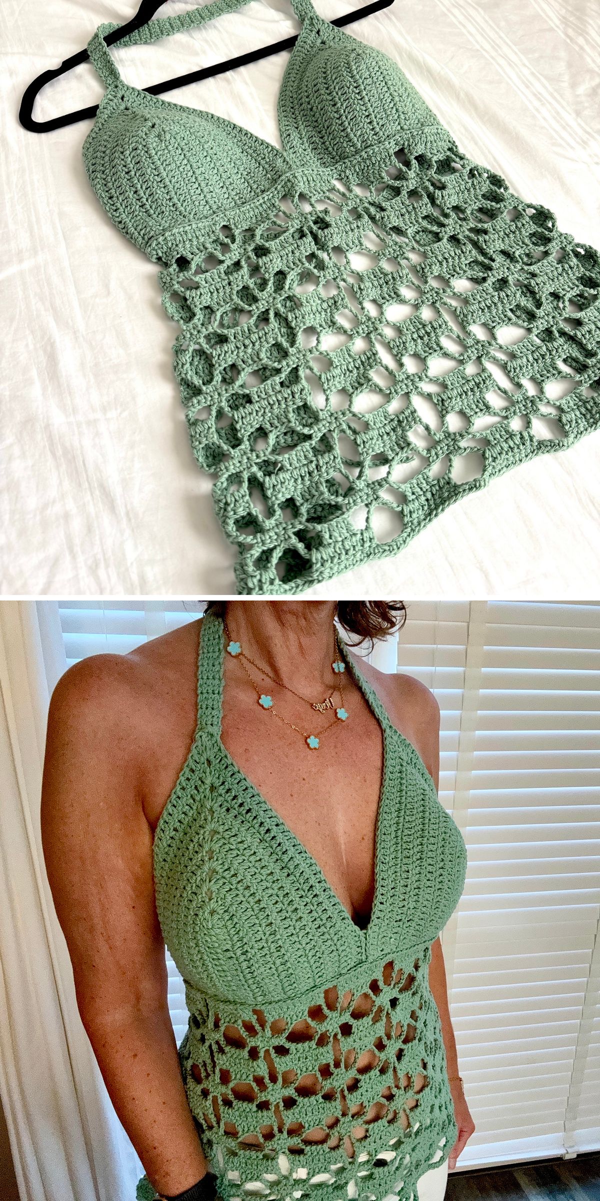Green crochet halter top with openwork midsection is shown laid flat and worn by a person standing indoors, showcasing the stylish details of this handmade crochet tank top.
