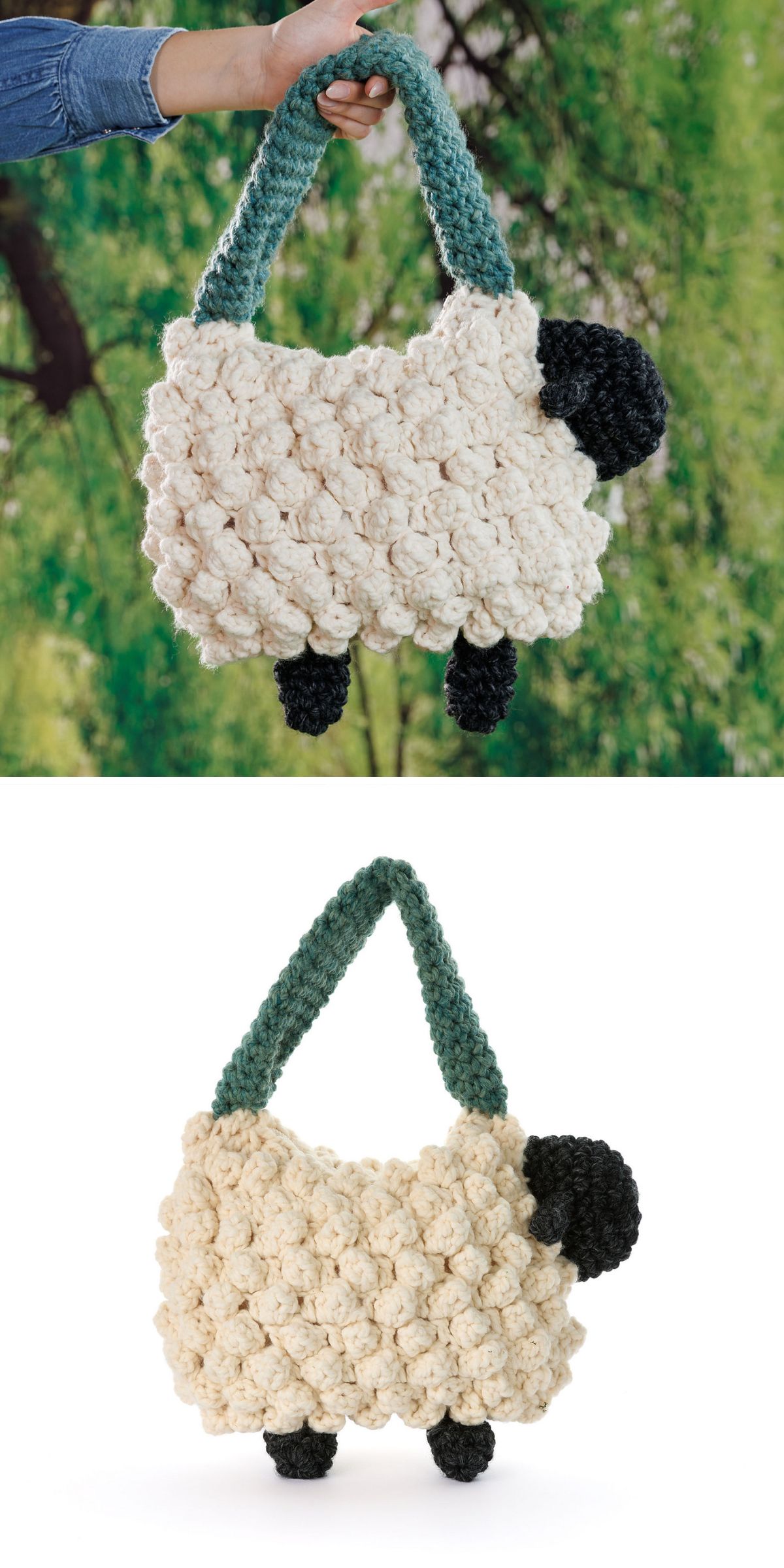 Crocheted handbag shaped like a sheep, with a fluffy cream body, black feet and face, and a green textured handle—this adorable crochet bag for kids is perfect for carrying little treasures in style.