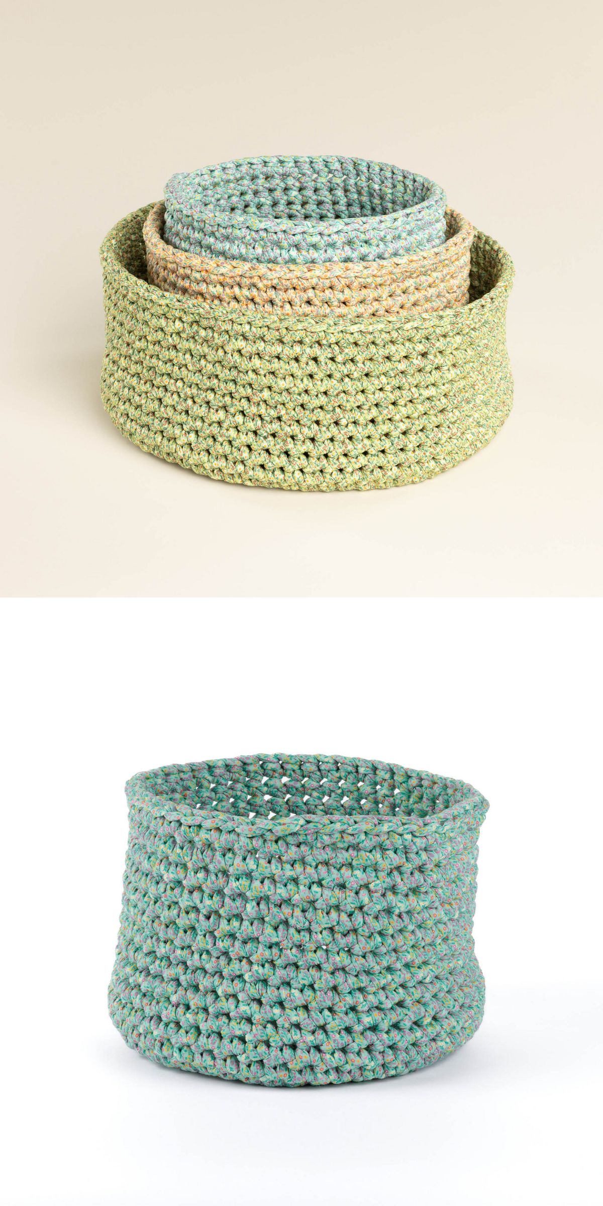 Three nested, hand-crocheted storage baskets in green, beige, and blue tones are shown together; a single blue-green crochet basket is displayed separately below.