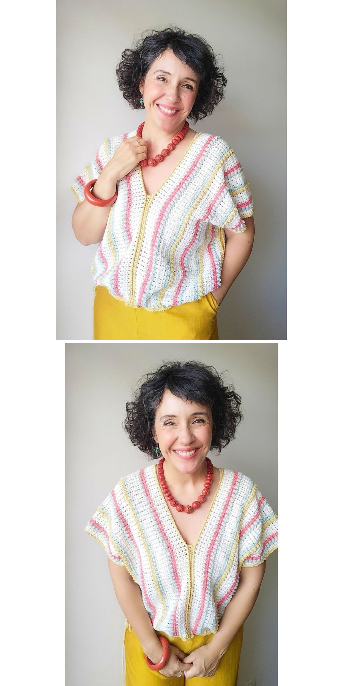 Smiling woman with curly hair wearing a striped crochet tee, yellow pants, red necklace, and red bracelet, standing against a plain light background.