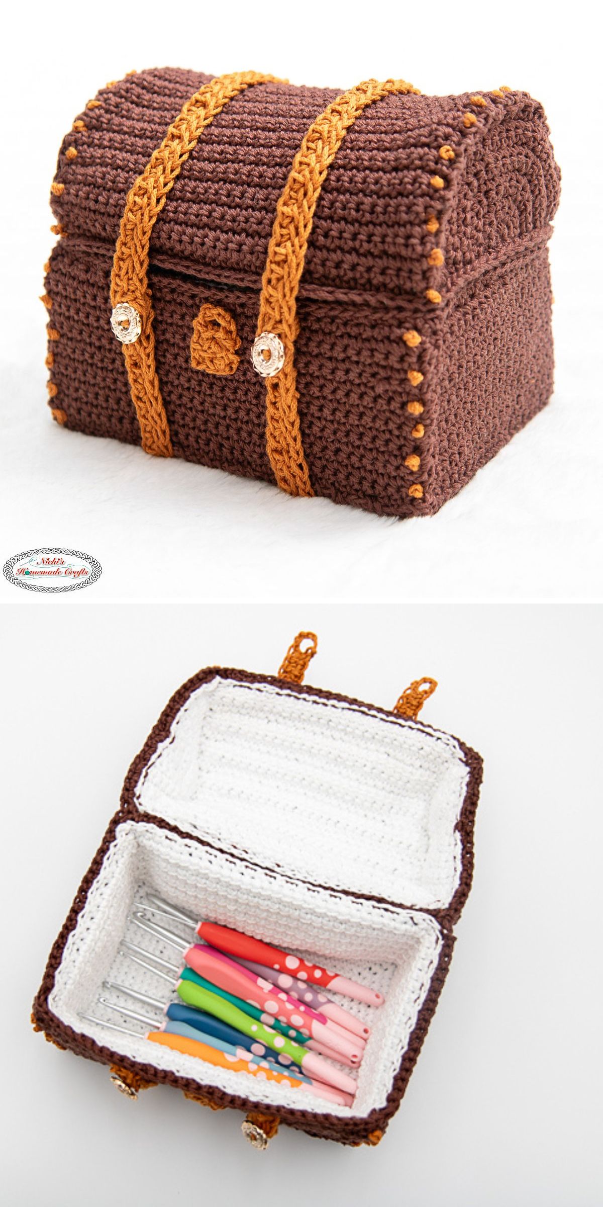 A crocheted chest-shaped box with a brown exterior and gold accents; inside, it holds colorful crochet hooks on a white lining, making it a unique twist on the classic crochet basket.