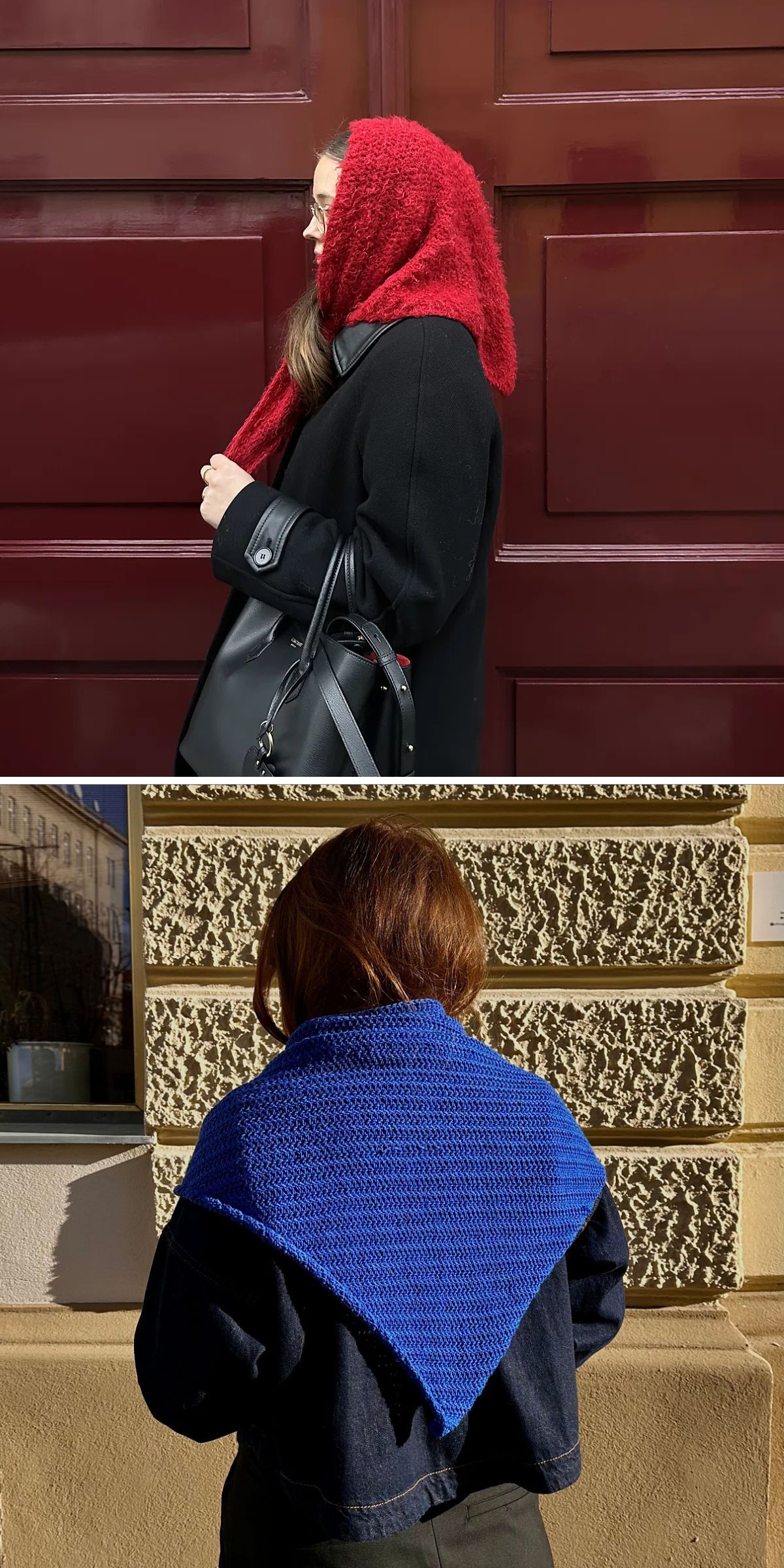 Top: Person in black coat with red scarf or crochet bandana over head, standing by a maroon door. Bottom: Person in blue shawl over dark jacket, seen from behind, standing by a textured beige wall.