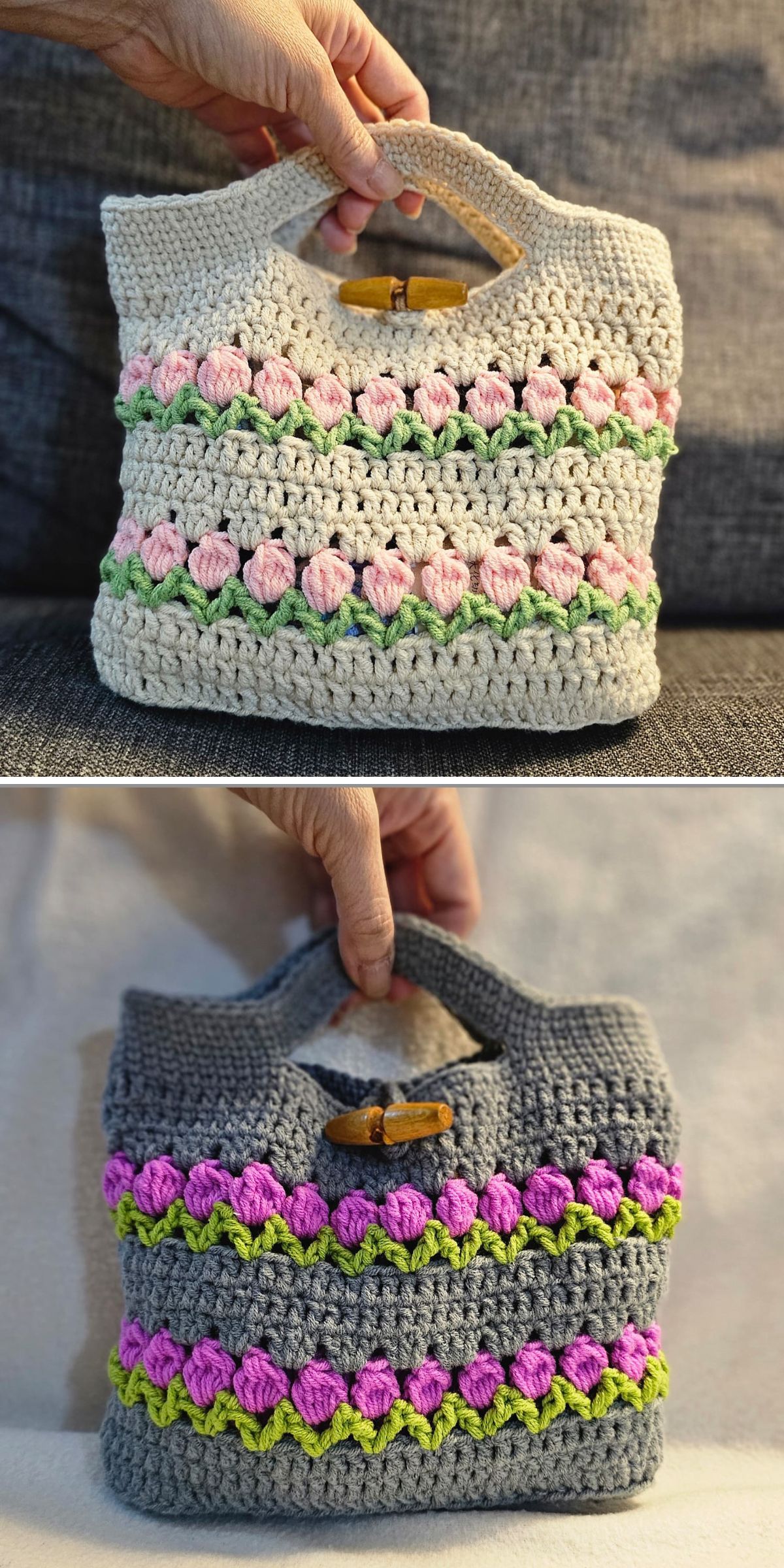 Two crochet bags with wooden handles are featured; the top bag is cream with pink and green accents, while the bottom bag is gray with purple and green accents. A hand is holding each bag.