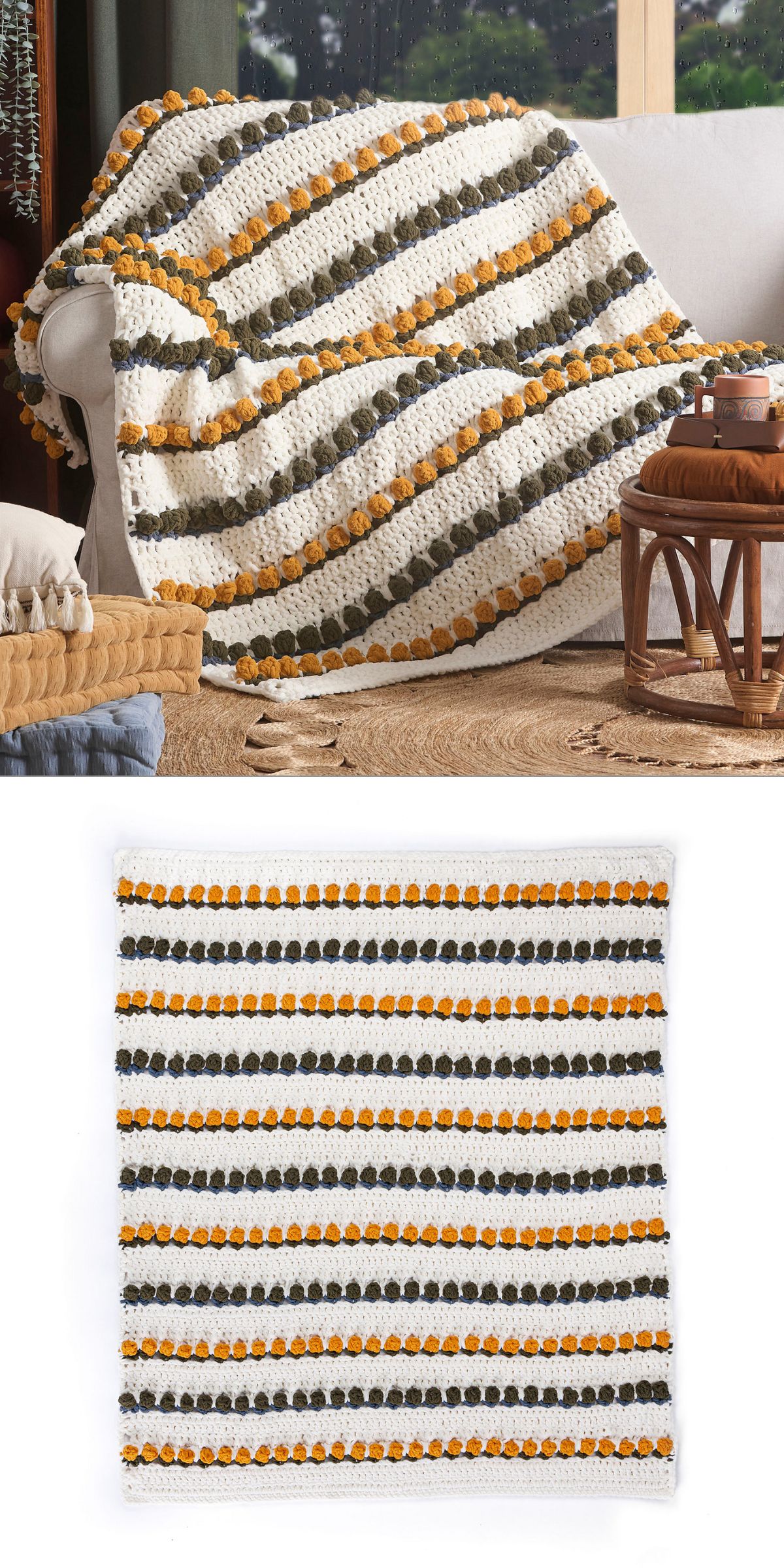 A crocheted flower blanket with horizontal stripes in white, yellow, and green is draped over a couch, accompanied by a flat view that beautifully highlights the striped pattern.