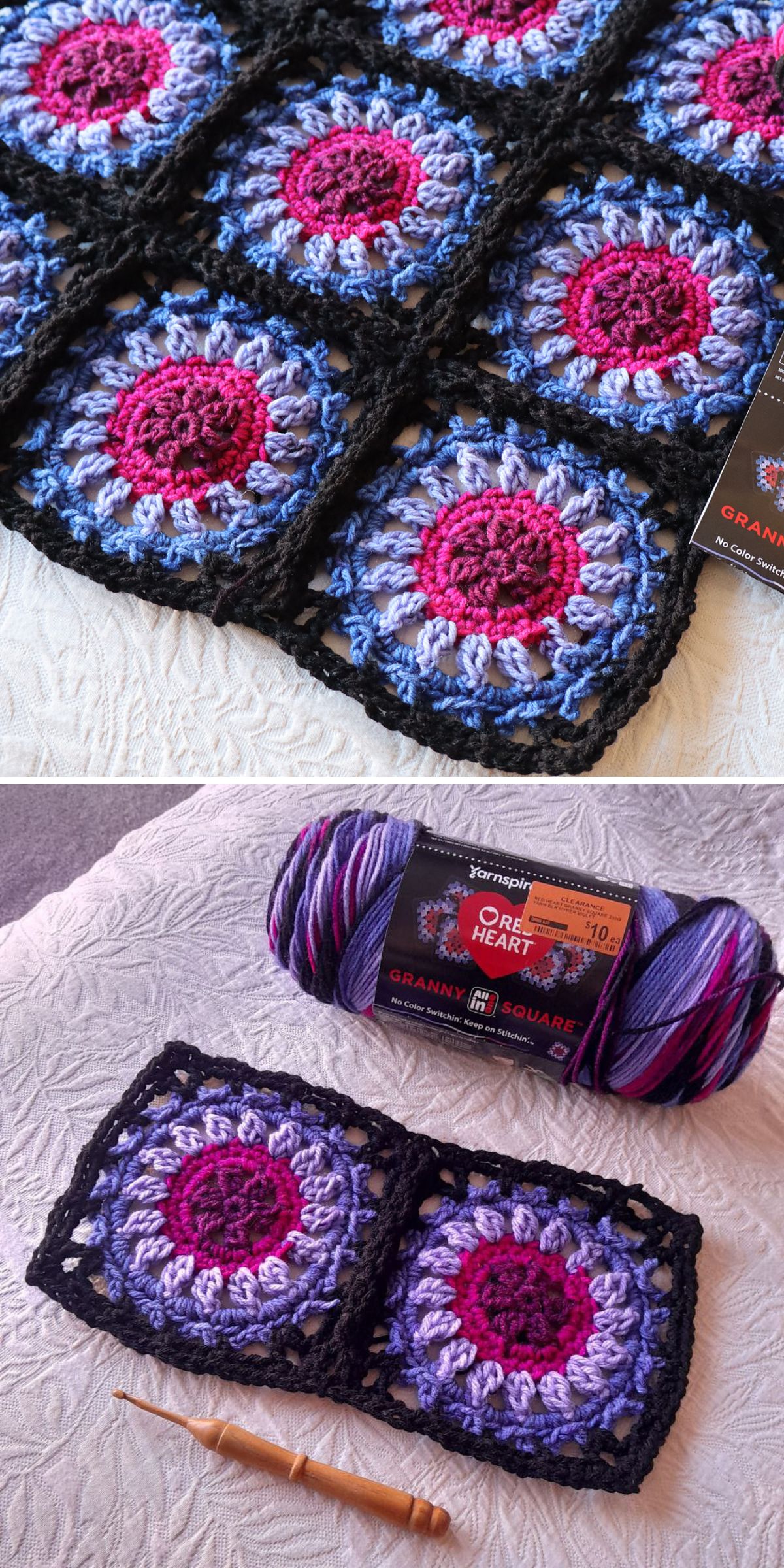 Two photos show crocheted granny squares in pink, purple, and black. The first image features multiple joined squares that could be part of a crochet flower blanket; the second shows two individual squares, a crochet hook, and yarn labeled "Red Heart.
