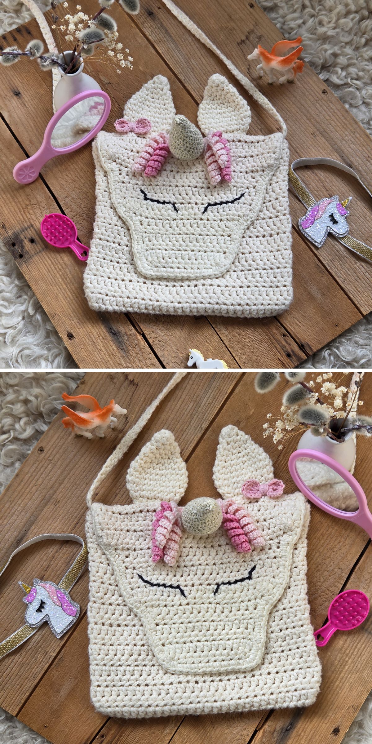 A crocheted unicorn purse with closed eyes and pink details, inspired by adorable crochet bags for kids, is surrounded by toys and accessories on a wooden surface.
