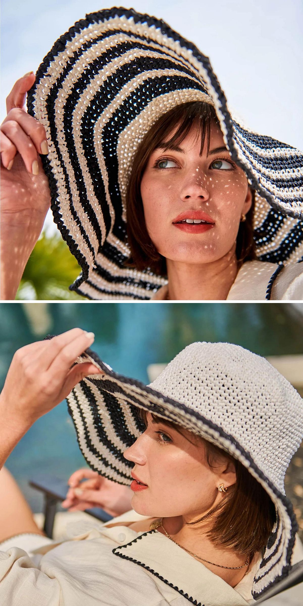 A woman wearing a wide-brimmed, black and white striped crochet sun hat sits outdoors, shielding her face from the sun with her hand in two different angles.