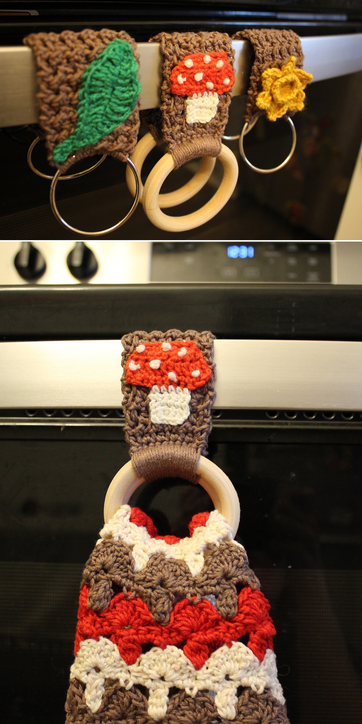 Two photos show crocheted towel holders with wooden rings, each decorated with a leaf, a mushroom, or a flower, hanging on an oven handle. One towel holder has a towel looped through the ring, adding a crochet cozy touch to your kitchen décor.