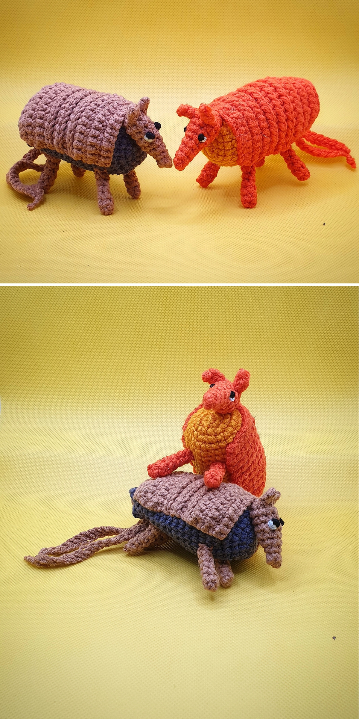 Two crochet armadillo figures in purple and orange rest on a yellow background; in the second image, the orange crochet animal rides playfully on the purple one’s back.