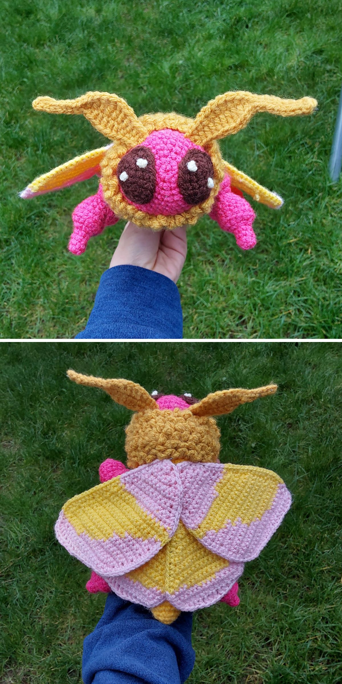 Two photos show a hand holding a crocheted moth plush with yellow, pink, and brown colors, featuring large wings, antennae, and big eyes, against a grassy background—perfect inspiration for nature-inspired crochet projects.