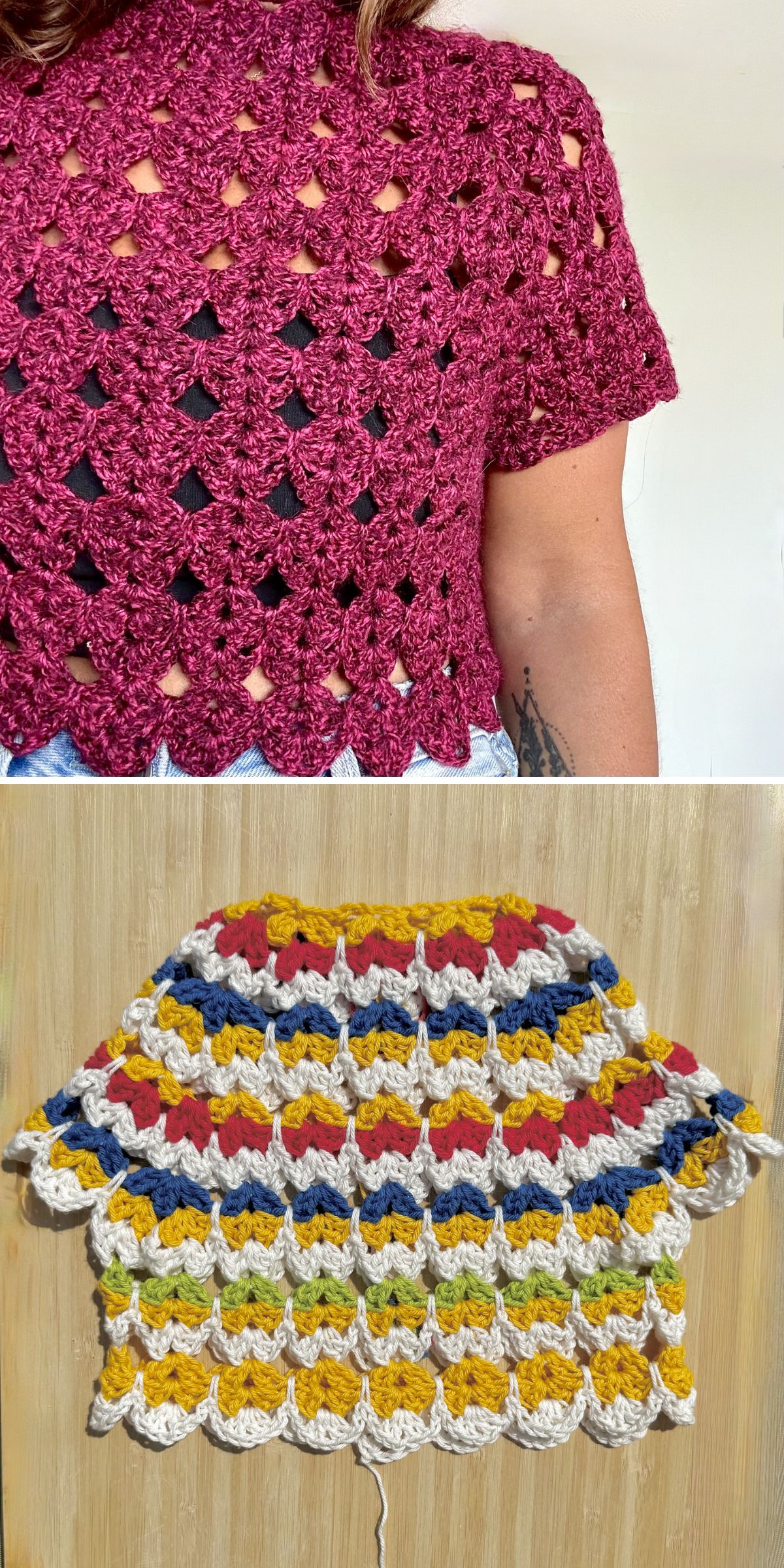 Two crocheted tops are shown: the top one is burgundy with a lacy, shell pattern; the bottom one is multicolored with similar openwork and a scalloped hem, displayed flat on a surface. Both designs beautifully showcase unique Crochet Tee Patterns perfect for your next project.