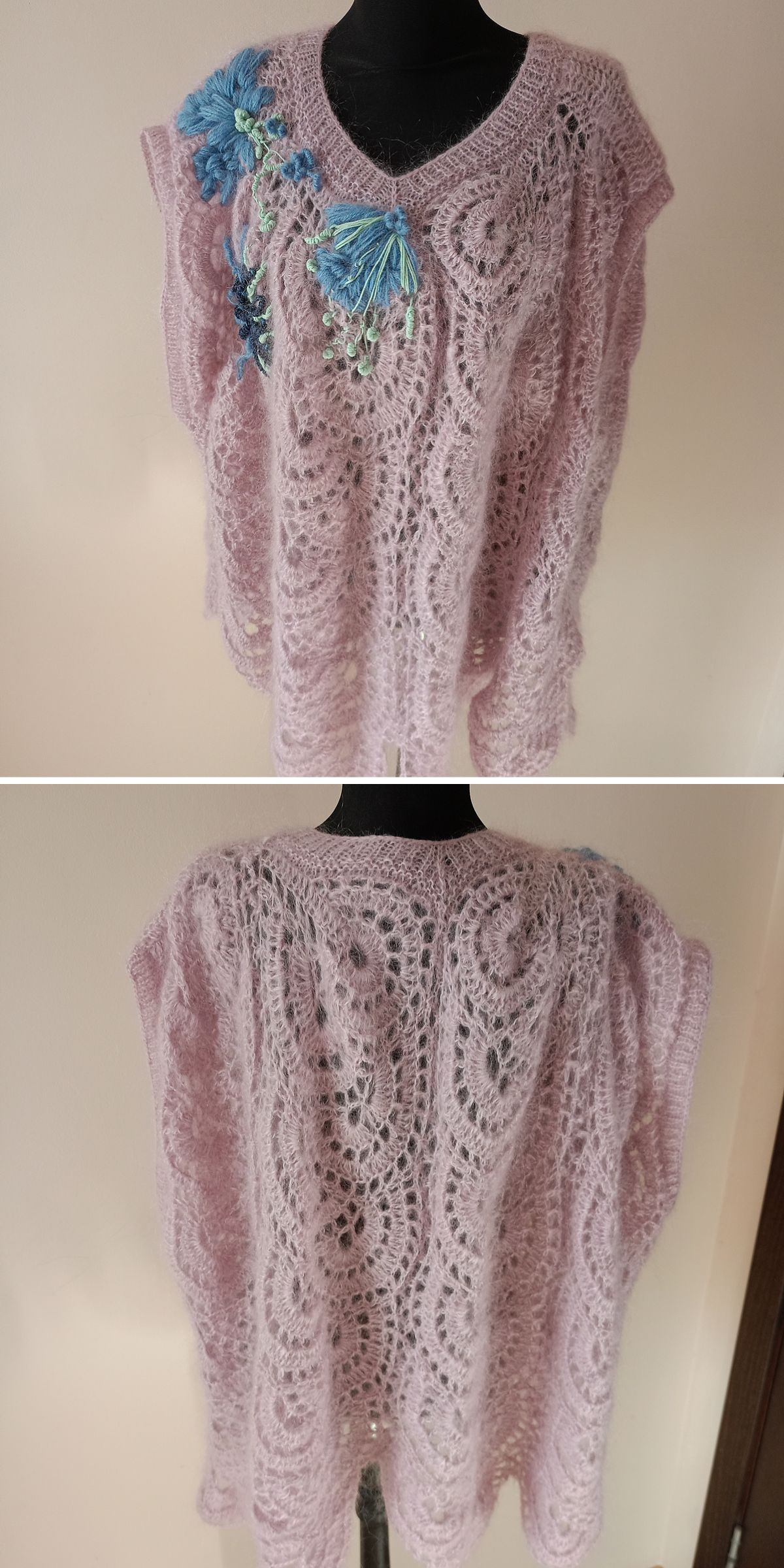 Lavender crochet lace vest on mannequin, front with blue flower embroidery and tassels; the back view shows the intricate lace pattern without decorations.
