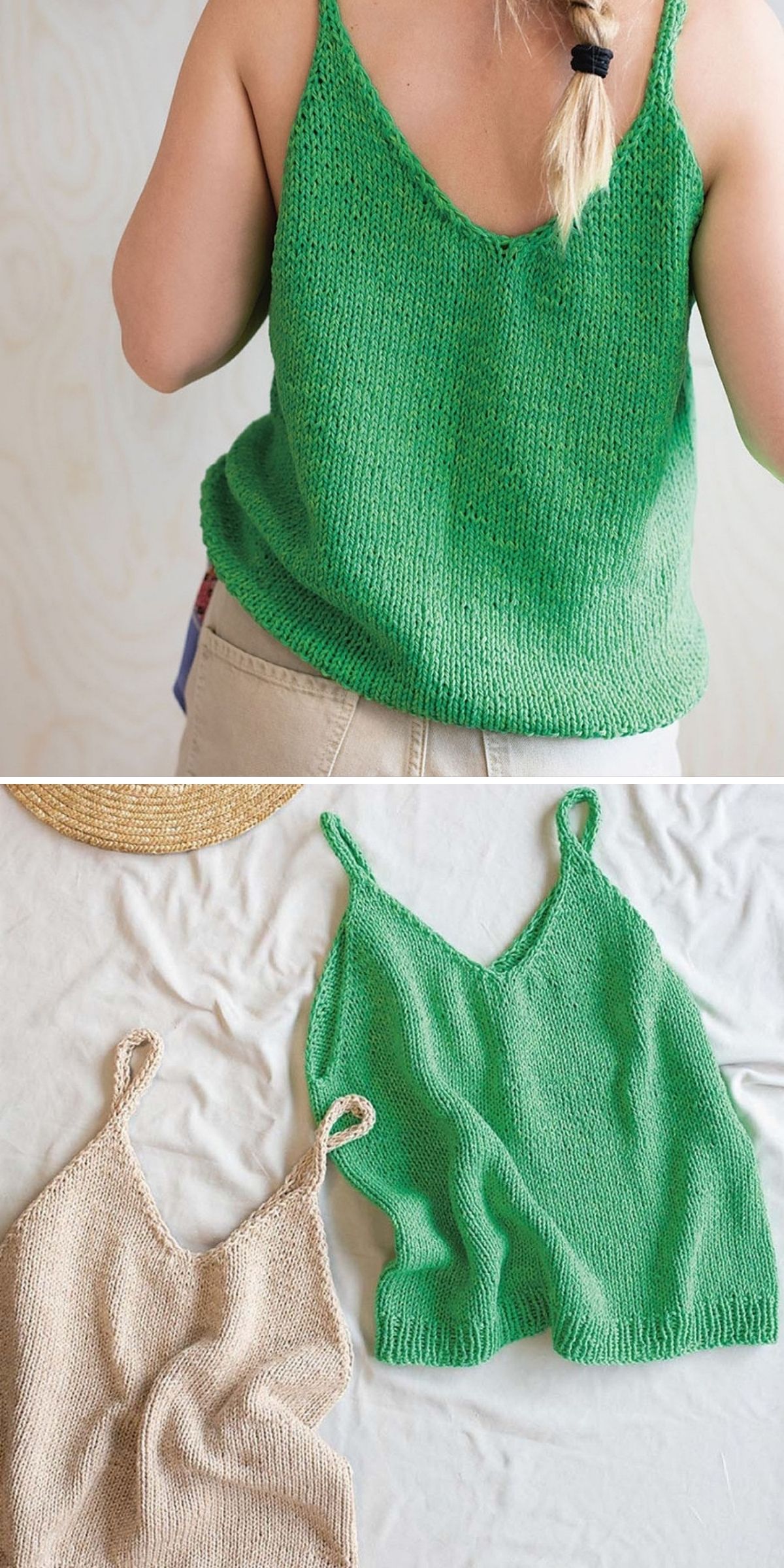 A person wears a green knit tank top; below, a green and a beige knit halter top are laid flat on a white surface.