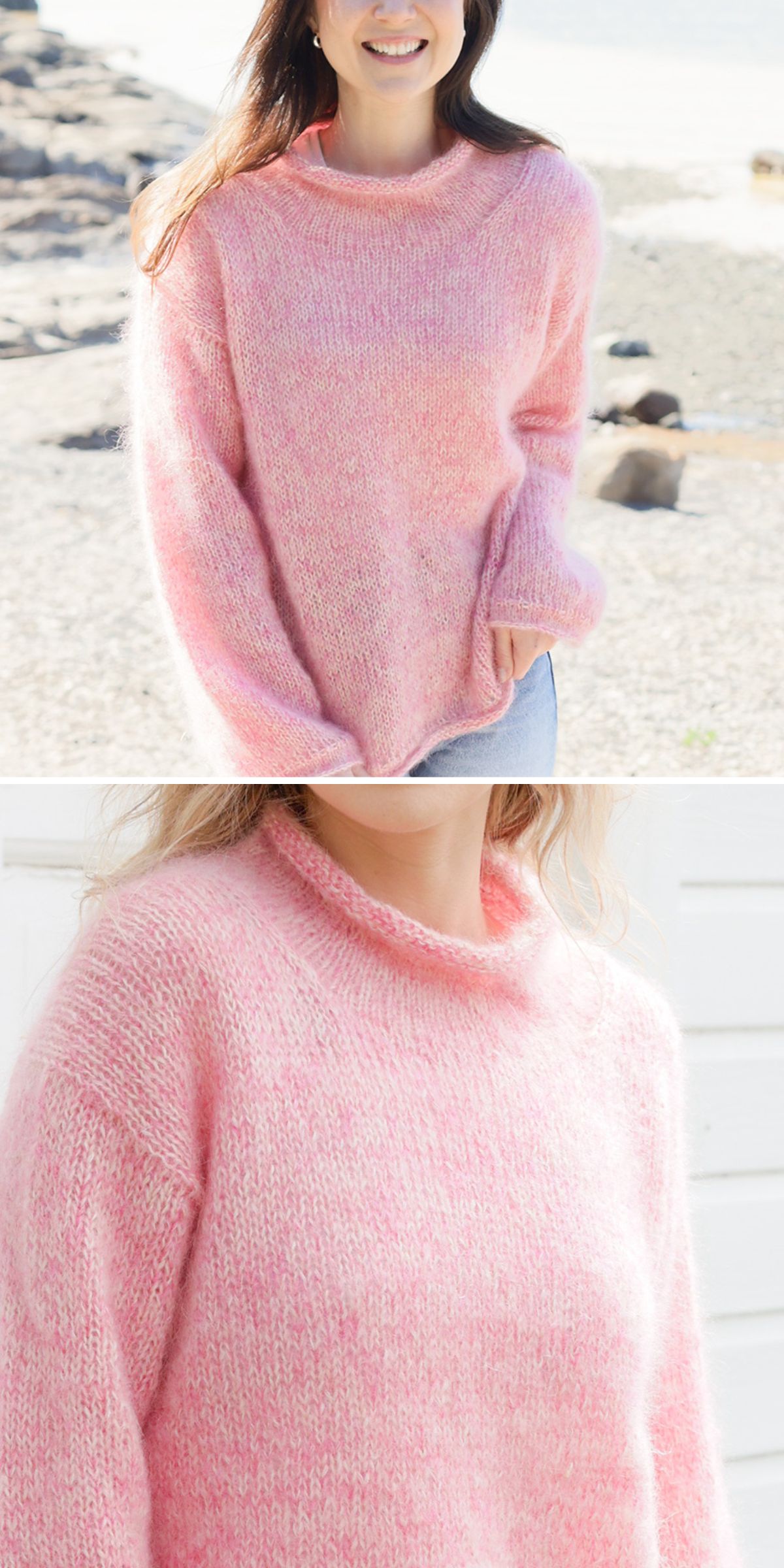Two images show a person wearing a loose-fitting, light pink, fuzzy sweater outdoors. The top photo is at a beach, and the bottom is a close-up of the sweater’s texture and neckline — showcasing timeless style inspired by classic knit sweater patterns.