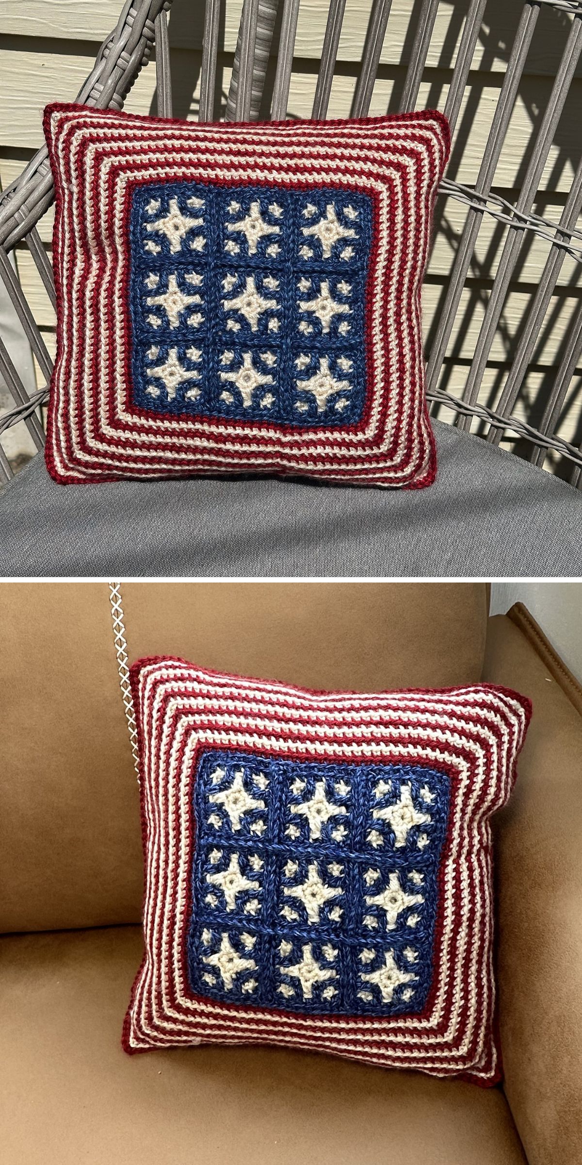 A charming crochet pillow, featuring a blue and white star pattern in the center with red and white striped borders, is placed on different chairs.