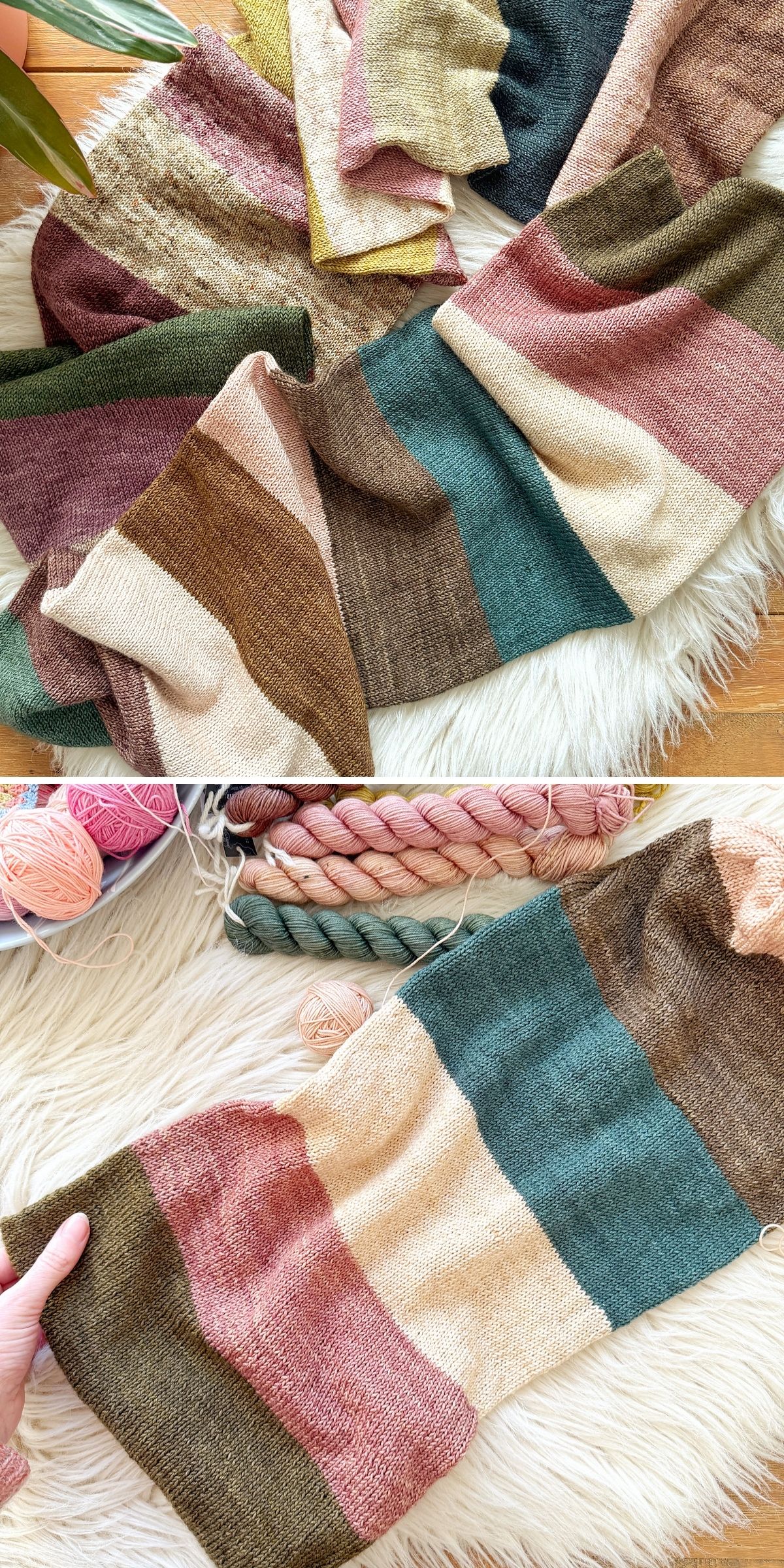 A knit scarf with wide color blocks in pink, green, brown, cream, and yellow tones is displayed on a white textured surface alongside skeins of matching yarn.