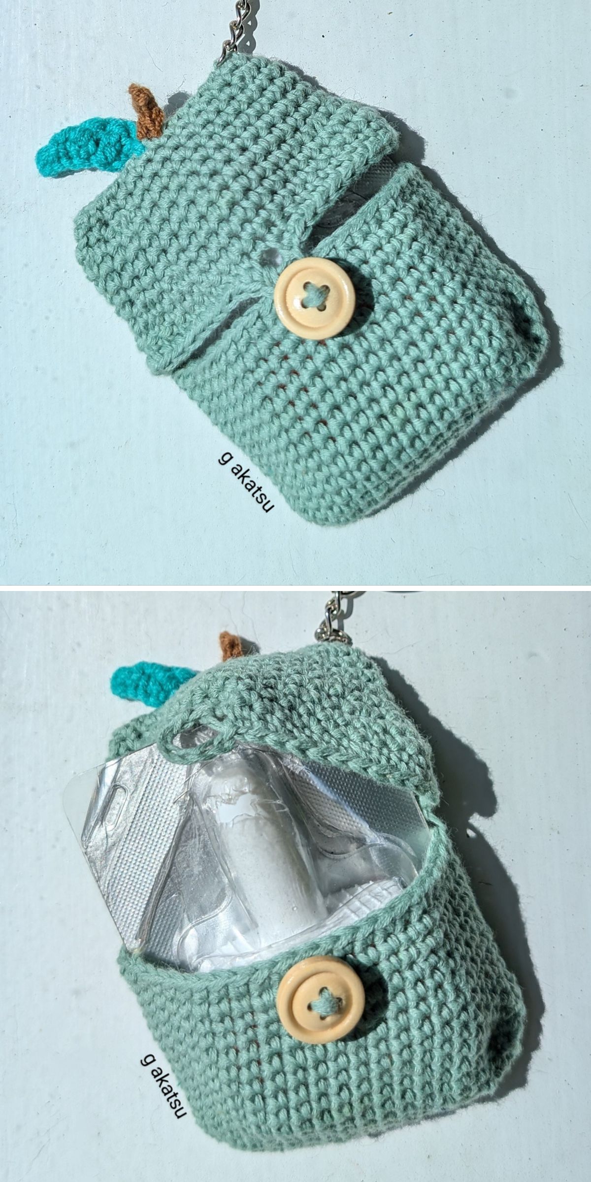 Two photos show a small, green crochet cozy pouch with a button closure. The pouch is open in the second photo, revealing a silver foil-wrapped package inside.