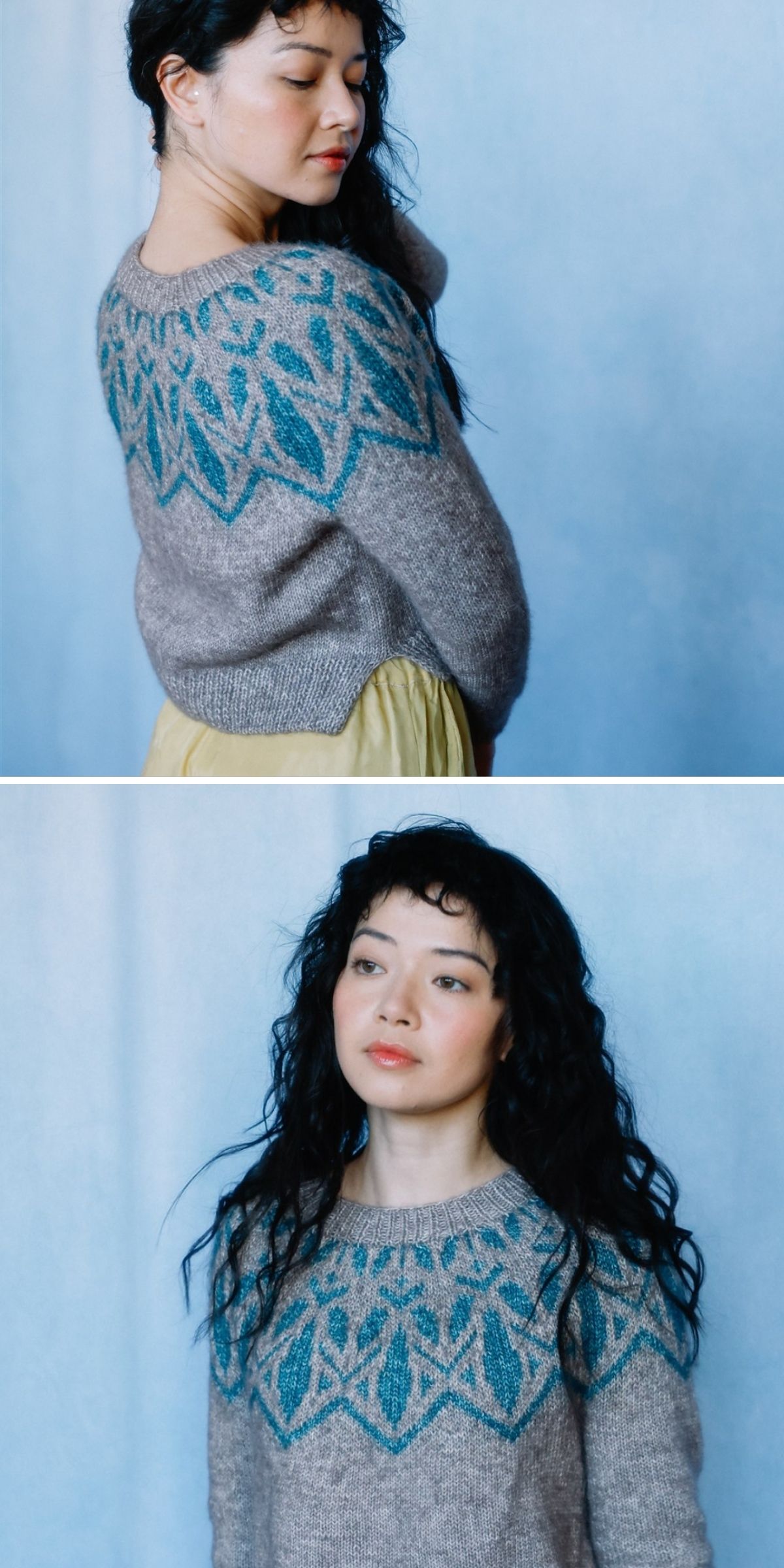 A woman wearing a knit sweater featuring a gray base and teal geometric pattern stands against a light blue background in two different poses.