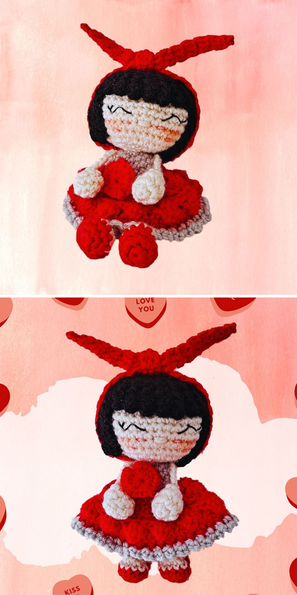 Two photos of a crochet doll with black hair, a red dress, and red bunny ears, set against pink backgrounds decorated with hearts and text.