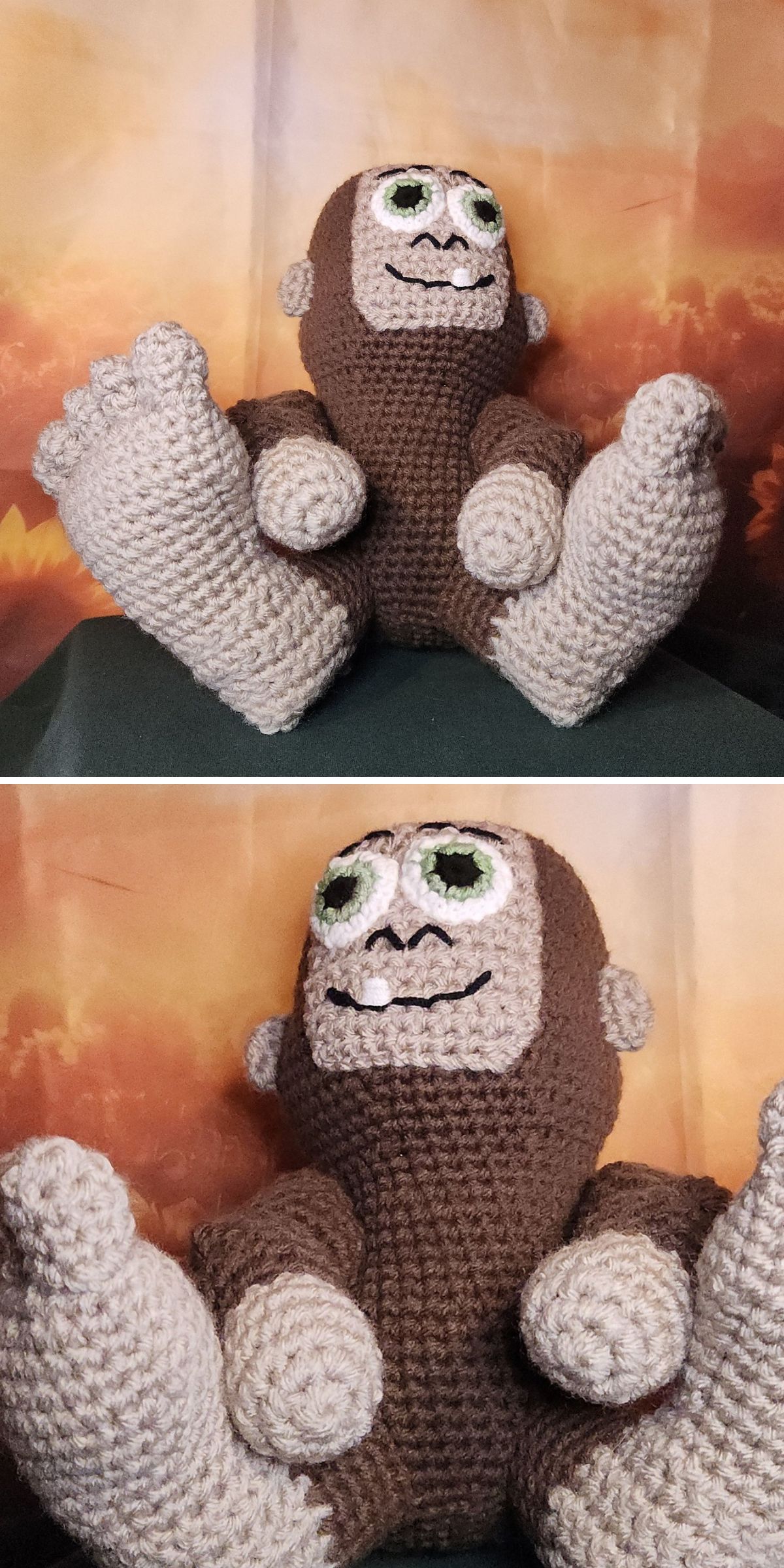 Crocheted plush toy shaped like a brown and beige ape with large feet, green eyes, and a backdrop featuring warm, orange-toned colors. Perfect for fans of unique crochet characters, this charming design is inspired by popular crochet doll patterns.