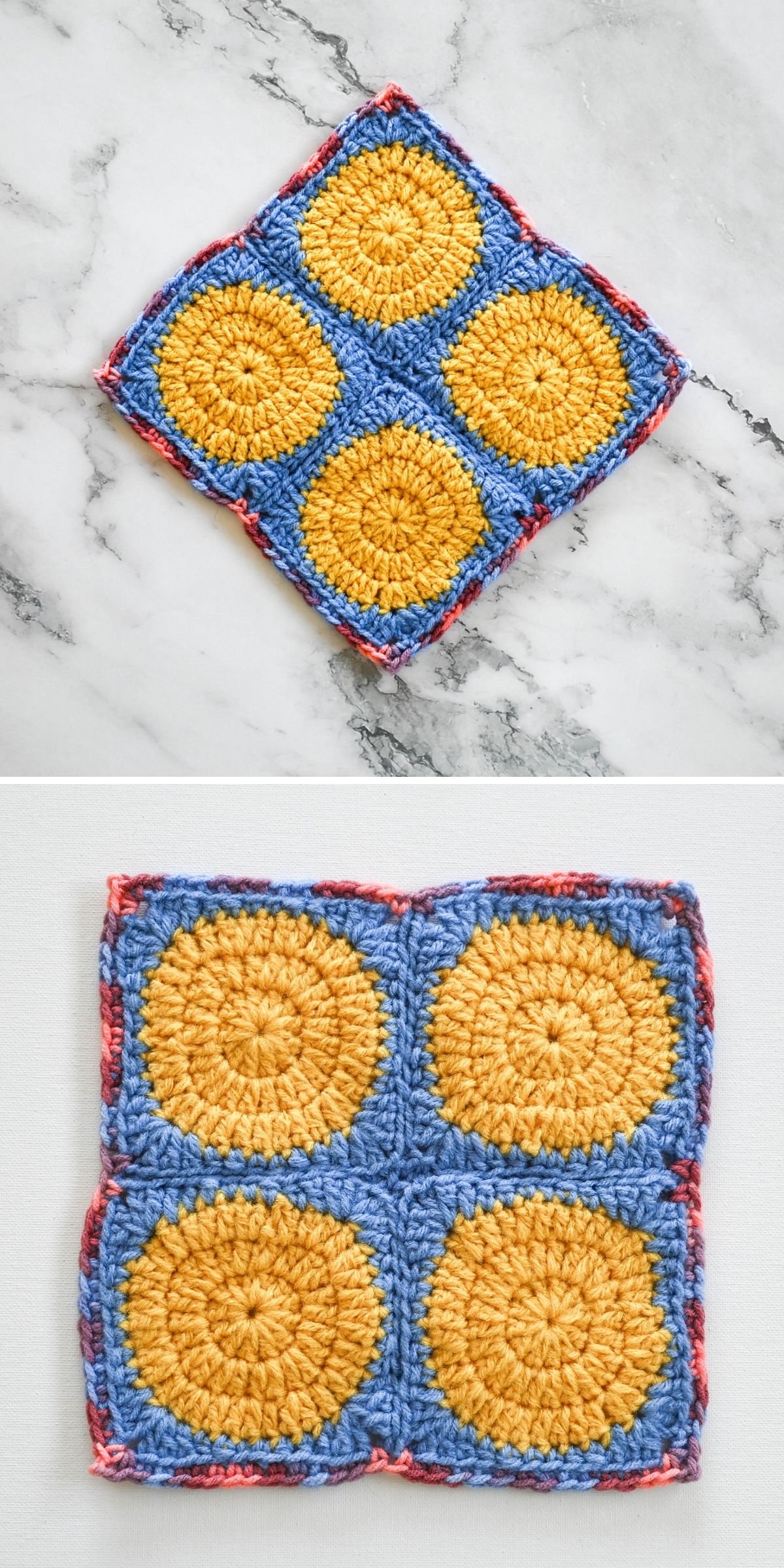 Two crocheted squares, each with four yellow circles set in a blue background, are displayed on different surfaces: marble in the top image, white in the bottom. These vibrant pieces would make charming crochet hot pads, adding both color and functionality to your kitchen decor.
