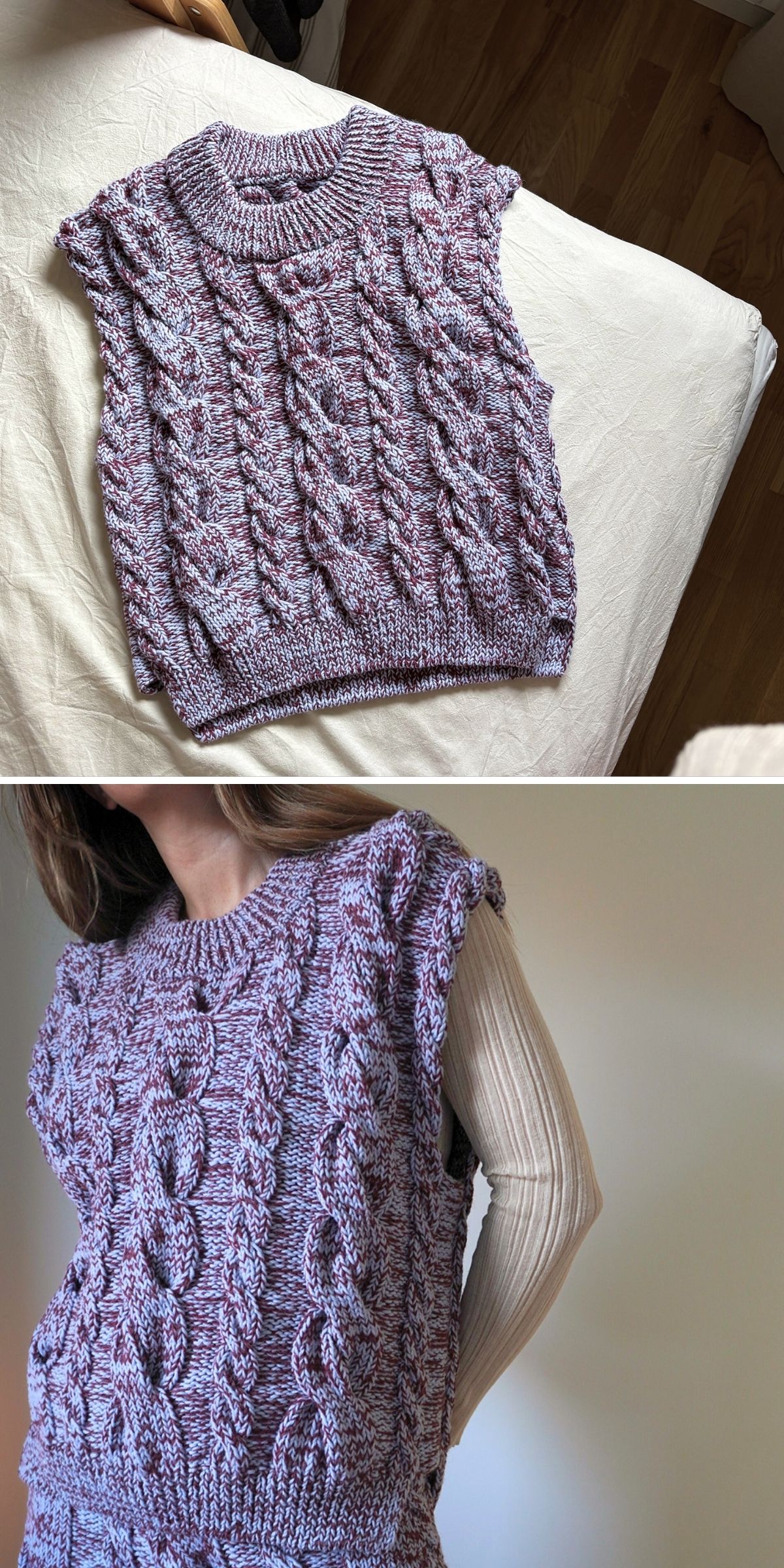 A lavender and white knit vest is shown laid flat on a bed in the first image and worn over a long-sleeve shirt in the second image.