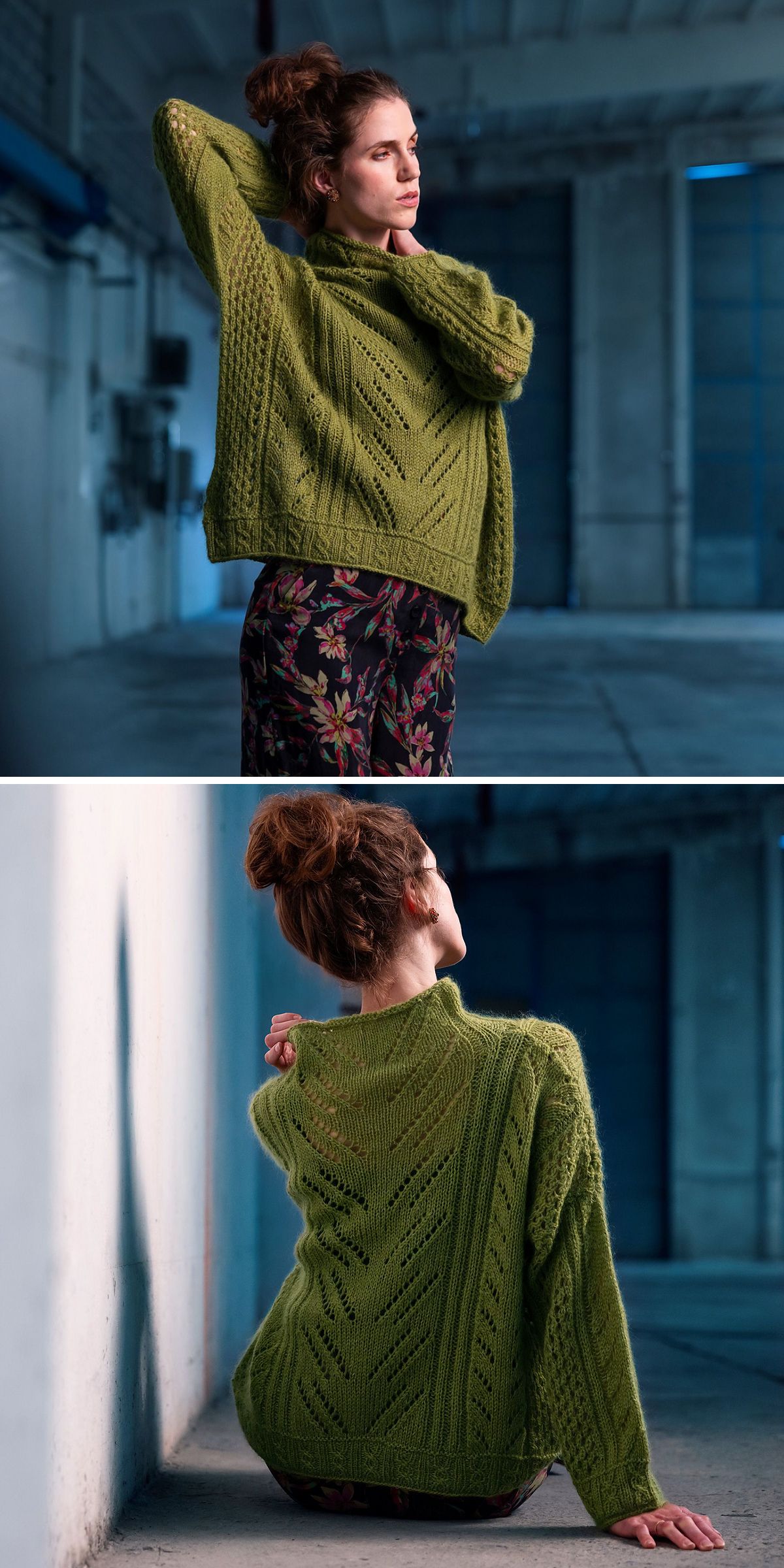 A person wearing a cozy knit sweater in green and patterned pants poses indoors, facing forward in the first image and with their back to the camera in the second.