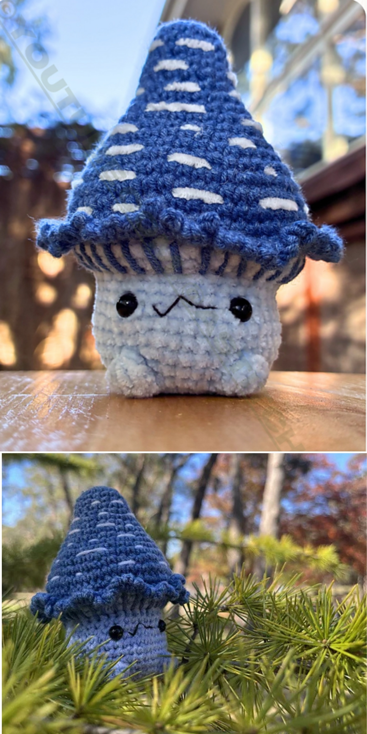 Crocheted plush mushroom with a blue and white cap and a cute face, made using charming mushroom crochet techniques, photographed outdoors on a wooden surface and among green plants.