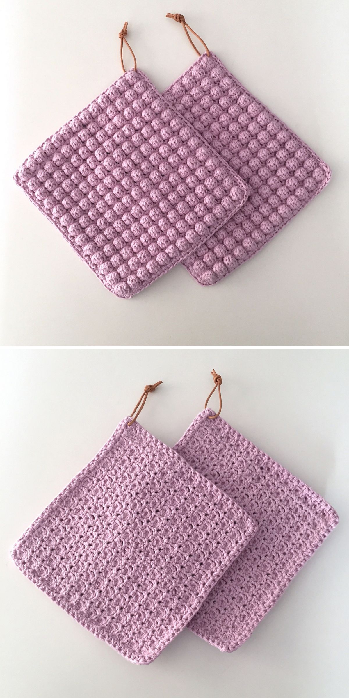 Two lavender-colored crocheted pot holders with textured fronts and flat backs, each with a brown hanging loop, displayed on a white surface—perfect examples of beautiful Crochet Hot Pad Patterns.