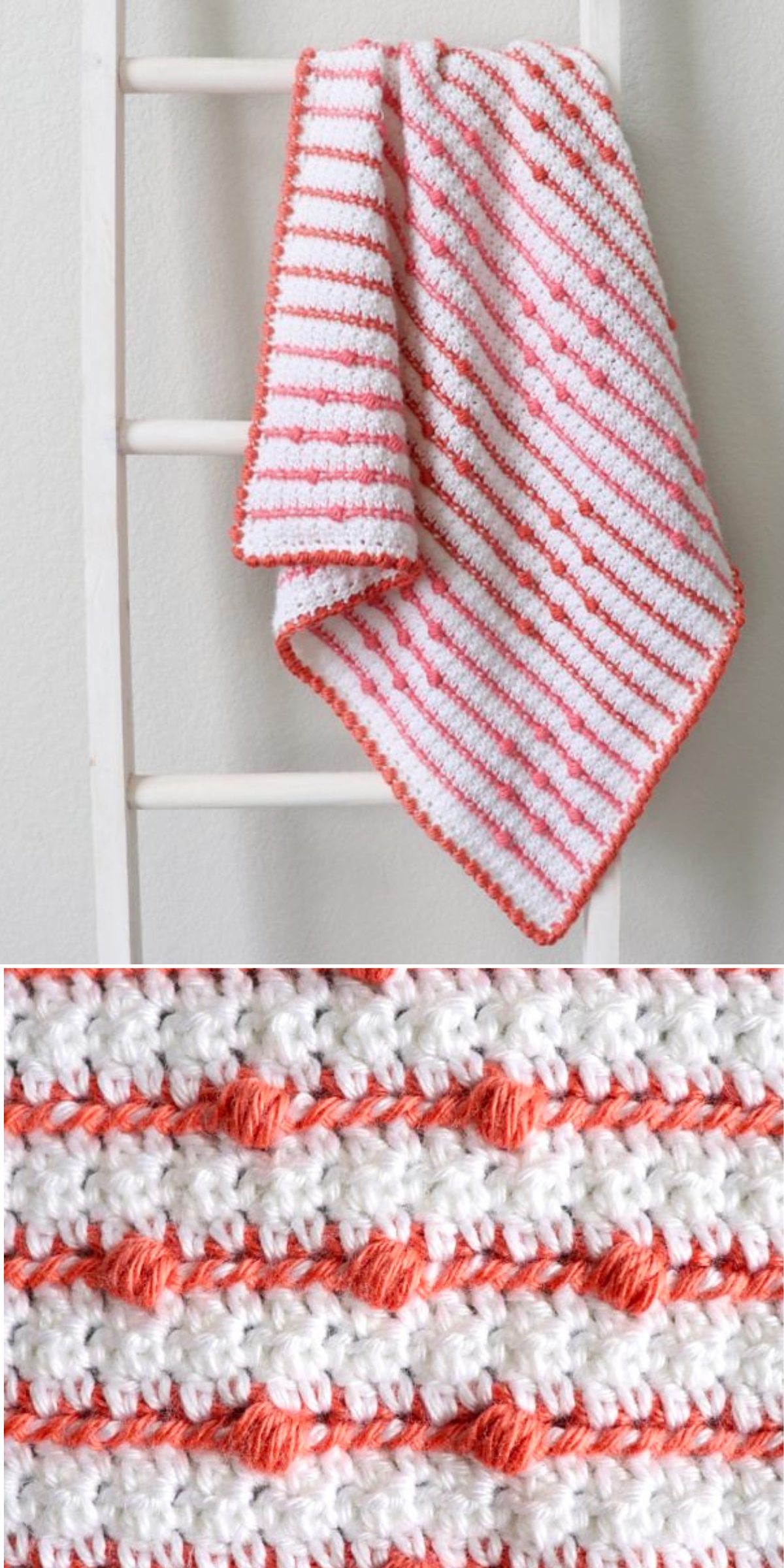 A bobble stitch blanket with white and coral stripes, featuring textured bobble stitches, is displayed on a wooden ladder, with a close-up detail showing the yarn texture and intricate pattern.