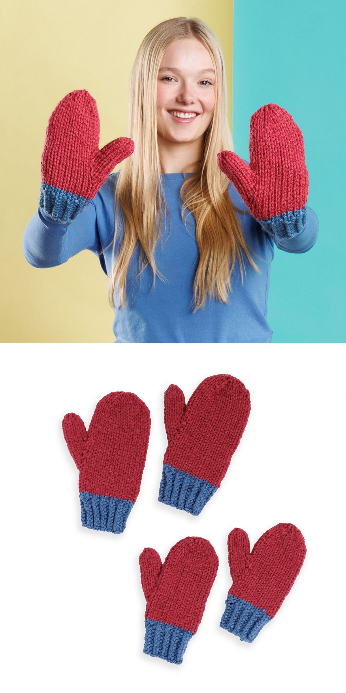 A person shows red and blue knitted mitten against a yellow background; below, four pairs of the same knitted mittens are displayed on a white surface.