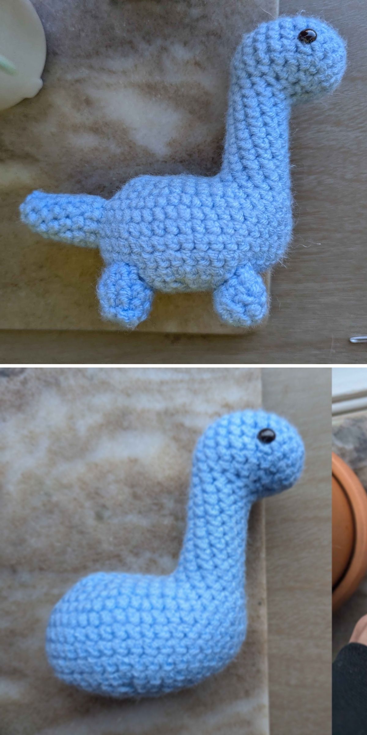 A charming crochet dinosaur, light blue in color with four legs, a long neck, a tail, and a single black eye. This small creature is captured from two different angles to showcase its delightful handmade details.