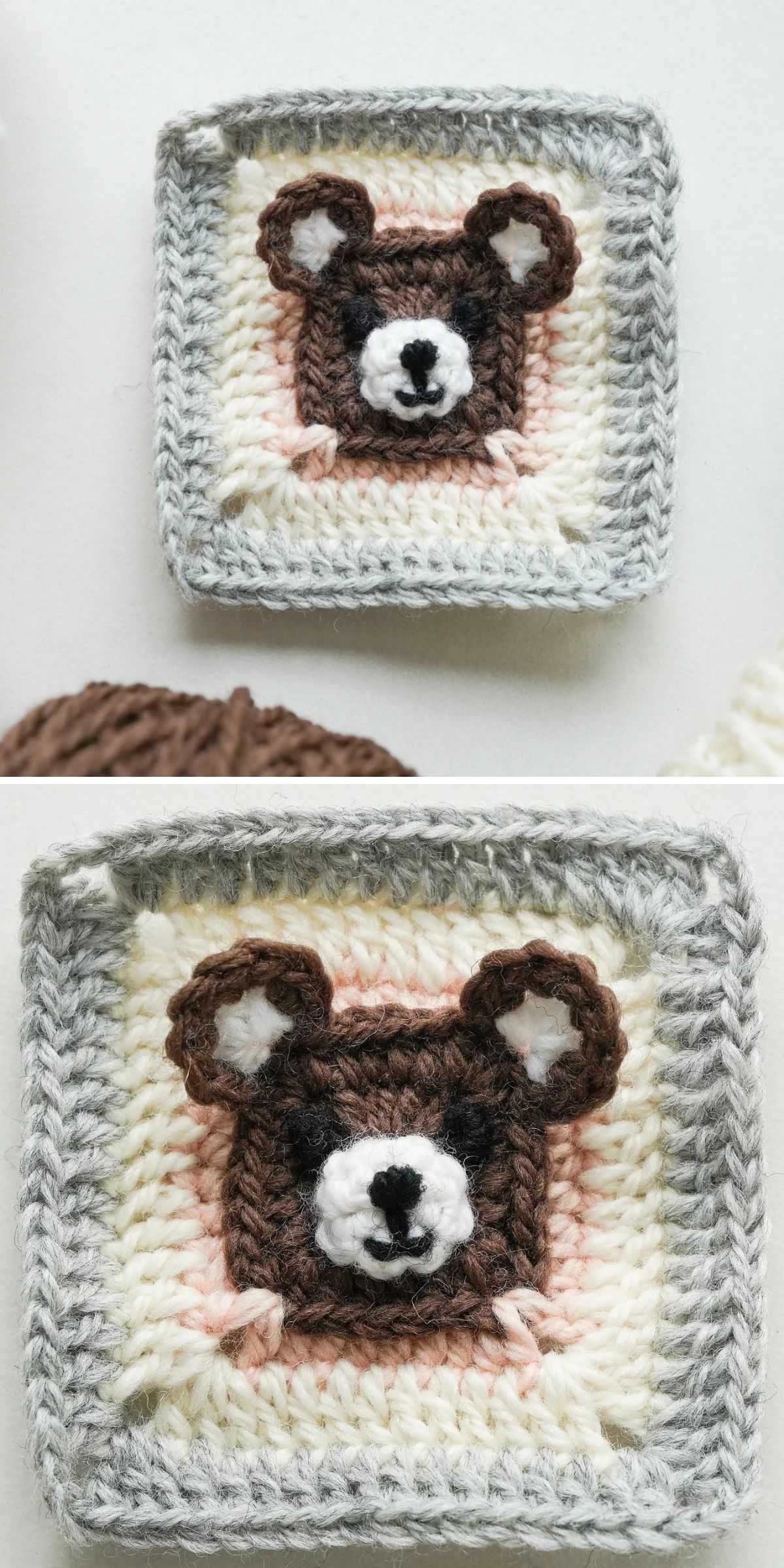 Two crochet animal squares, each featuring a bear face design in the center, with a multicolored border of cream, pink, and gray yarn around the edges.