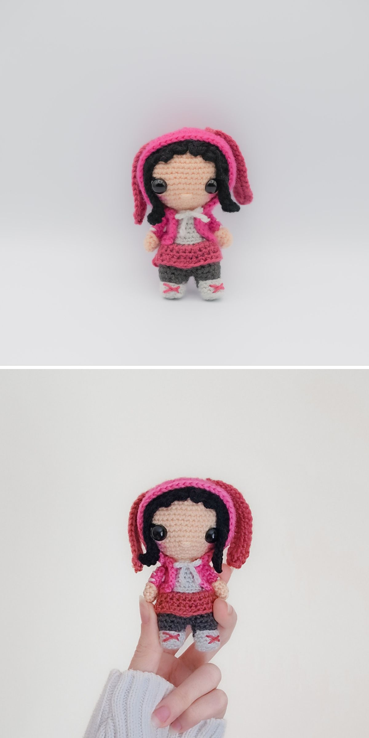 Two photos show a small amigurumi doll with black hair, a pink hood, and a pink top. The doll is pictured alone in the first image and held by a hand in the second, making it an adorable example of what you can create with free crochet patterns.