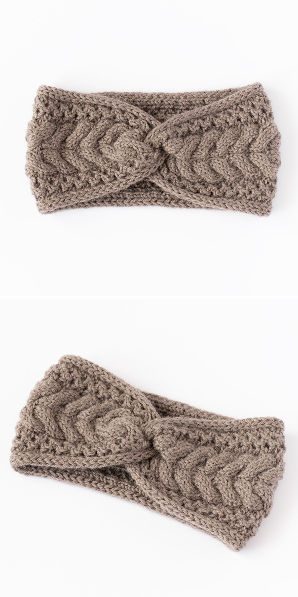 A knitted headband in brown, featuring a chevron pattern and a stylish twist in the center, is shown from two angles on a white background.