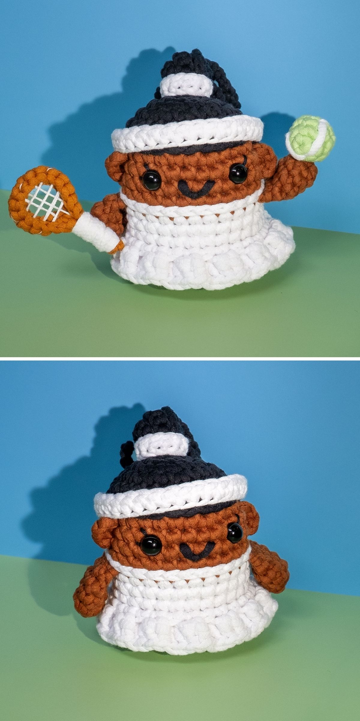Two photos of a crochet doll wearing a white dress and black hat, holding a tennis racket and ball, posed against a blue and green background.