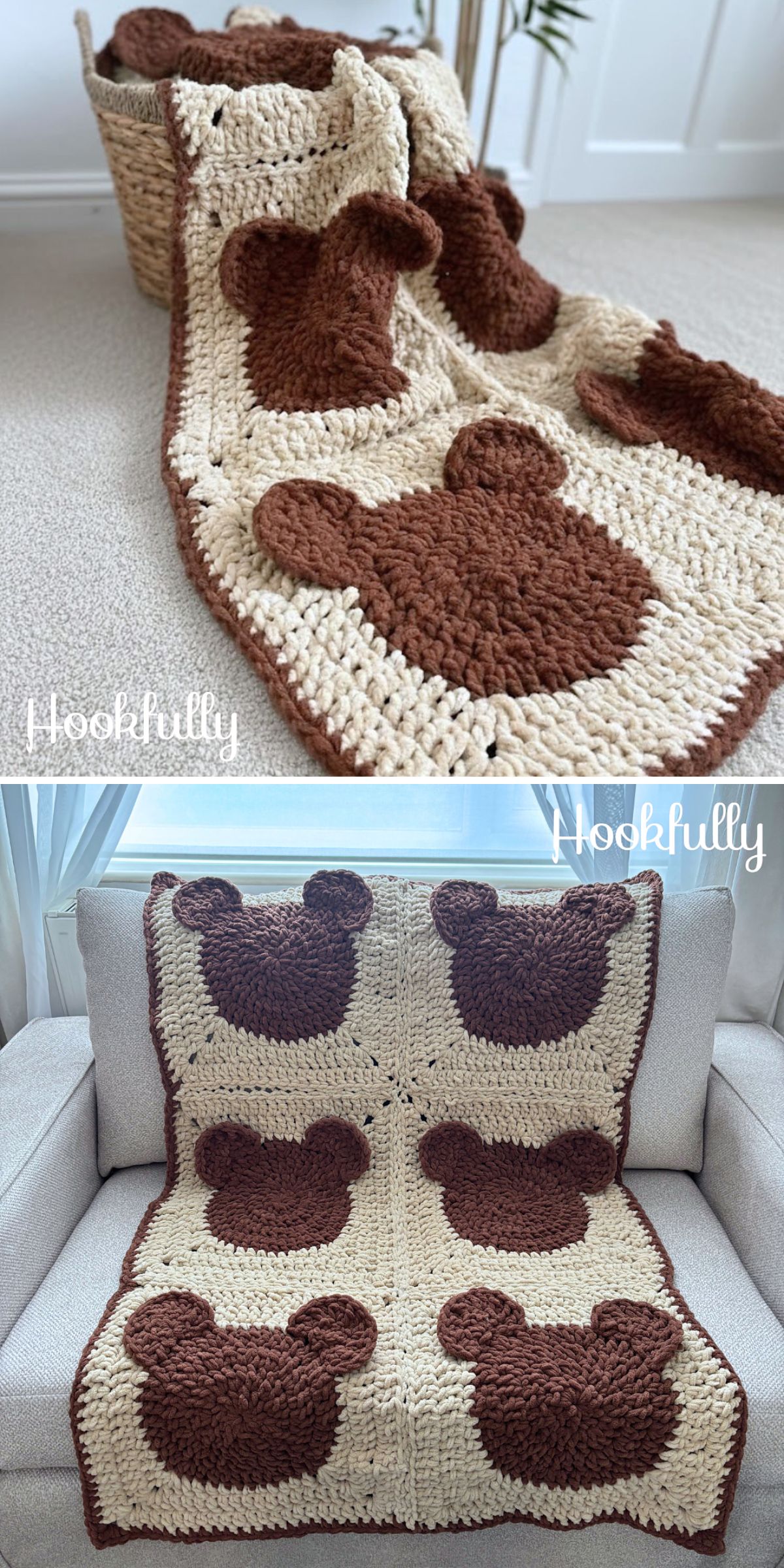 A crocheted blanket with brown bear faces on a beige background is draped over a basket and displayed on a sofa, showcasing charming crochet animal square patterns perfect for adding warmth and character to your space.